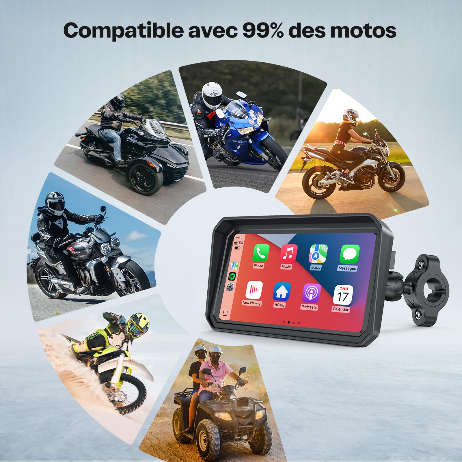 WonVon CarPlay 6.25 Pouces Système de Navigation GPS pour Moto avec Apple CarPlay et Android Auto écran Portable avec Double Bluetooth, Navigation, Siri, Google Assistant Support magnétique