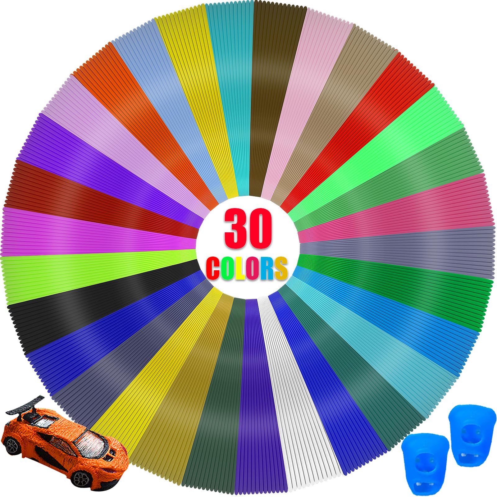 Roryimke 3D Pen Filament Refills 30 Colors 3D Printing Pen Filament Refill with 2 Finger Caps 1.75mm 3D Drawing Pen Refill Each Color 10 Feet, Total 300 Feet