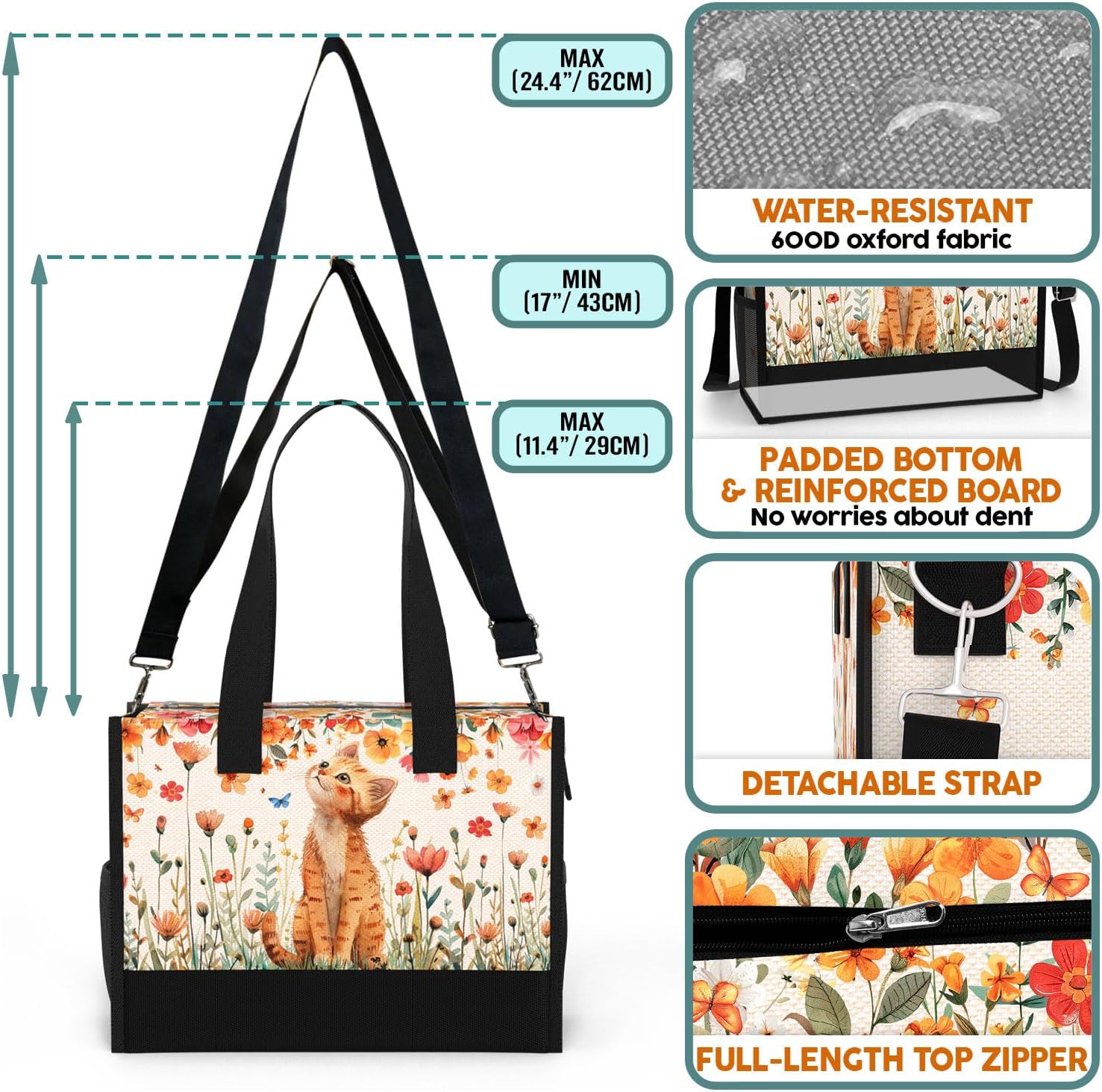 84hoods Large Tote Bag for Women with Pockets and Zipper for Travel, Work, Grocery. Gift for Cat Lover.
