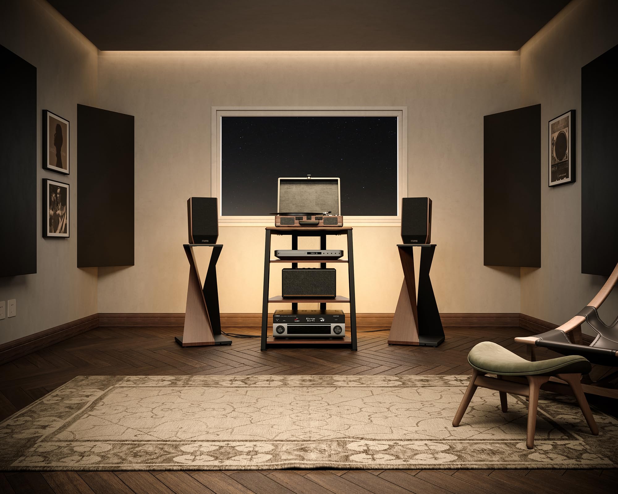 FITUEYES Meuble HiFi en Bois et Acier avec Bande LED 61 x 52 x 78 cm Marron Série Eiffel
