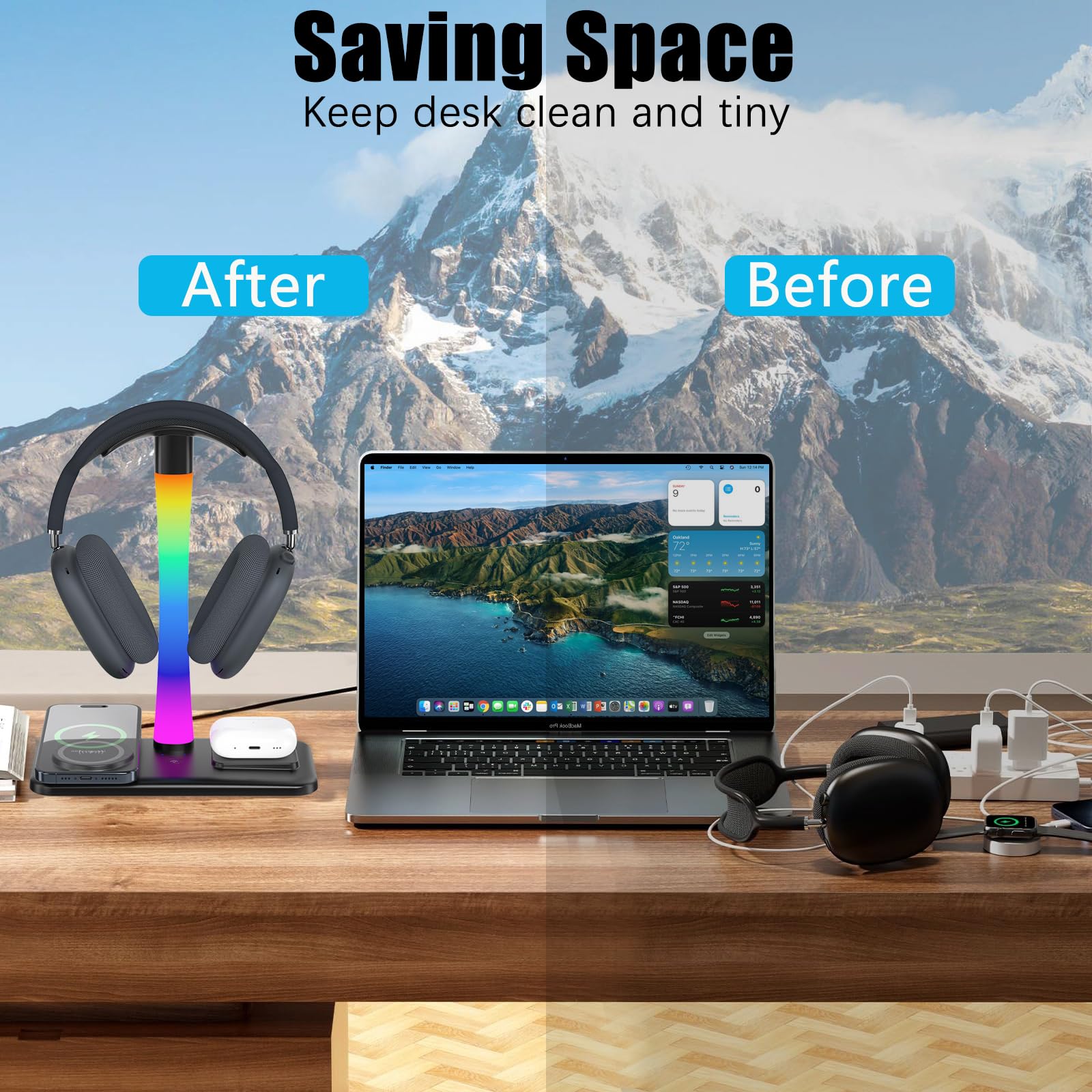 Supporto Per Cuffie con Caricabatterie Wireless,Suppor to Per Cuffie Da Gioco con Luce RGB,Supporto Per Airpod Max Compatibile con Airpod Pro/3/2,iPhone 16/15/14/13/12/11,Regali per Uomini Do (Nero)