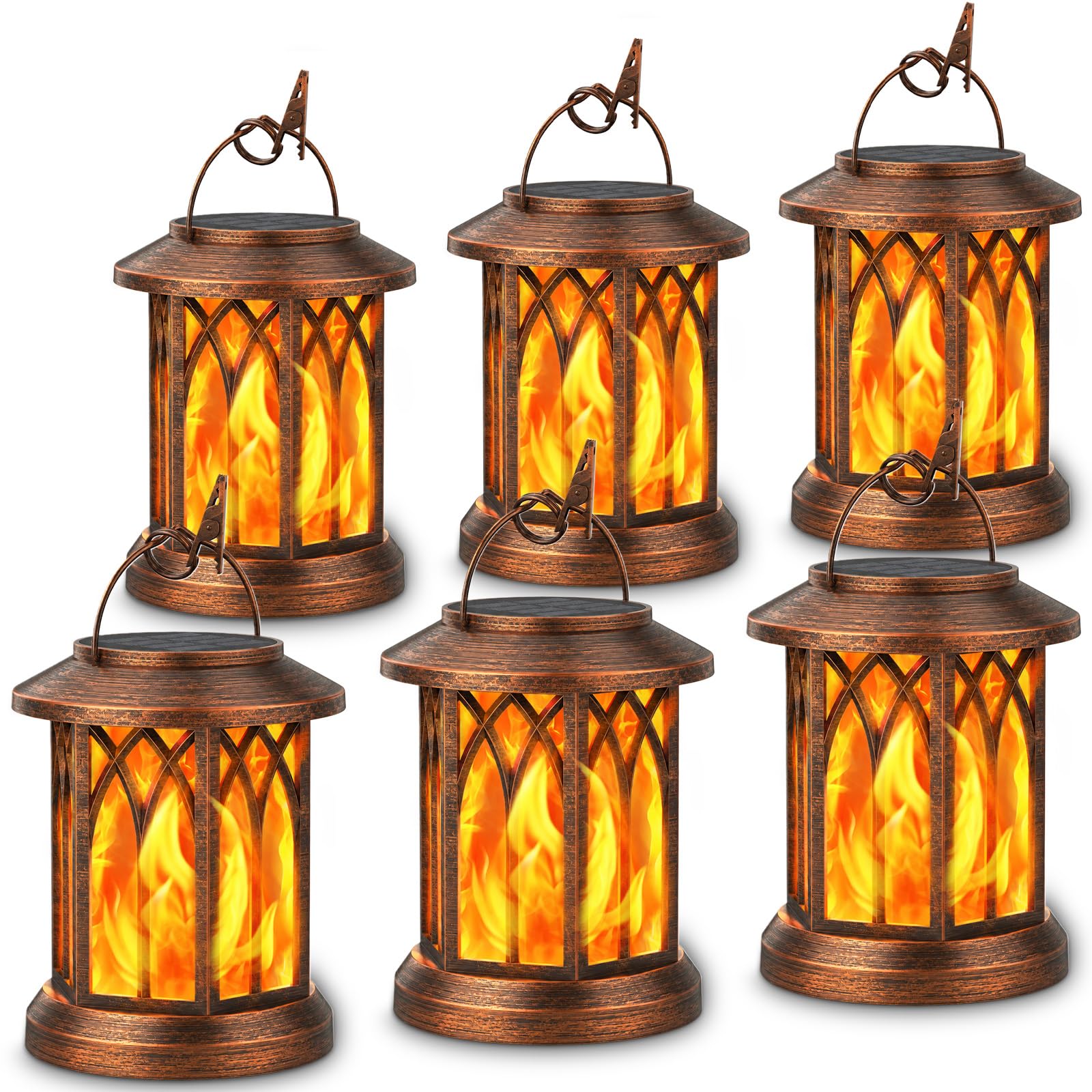 KOOPER 6 Pack Solar Lantern Outdoor Lights, Upgraded Flickering Flame Solar Lanterns Outdoor Waterproof, Auto ON/Off Lanterns Decorative Outdoor, Hanging Lantern for Yard Patio Garden Decor (Copper)