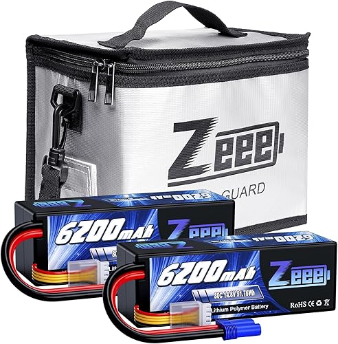 Zeee 4S Lipo Battery 6200mAh 14.8V 80C Estuche rígido Batería EC5 Conector 2 baterías con 1 bolsa de seguridad Lipo Bolsa ignífuga a prueba de