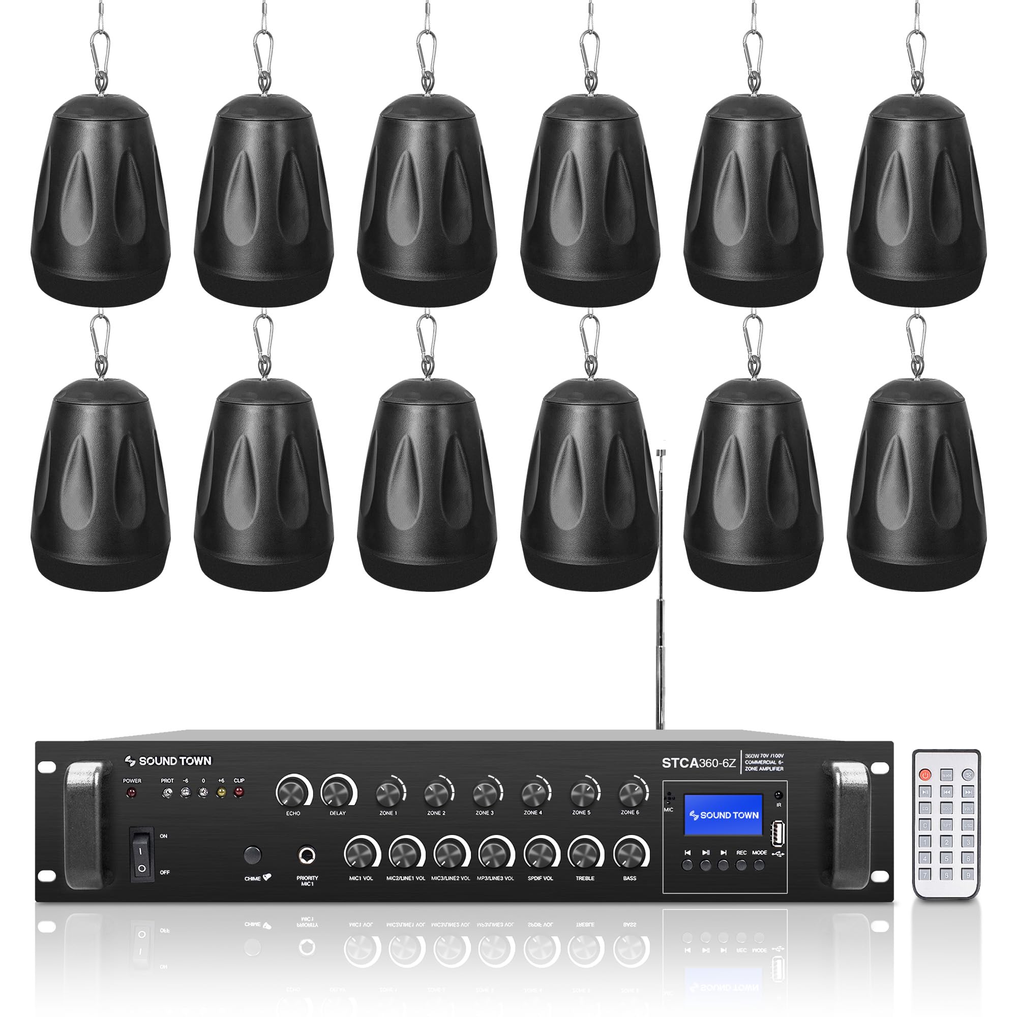 Sponsored Ad - Sound Town Commercial Restaurant Bluetooth Amplifier + Pendant Speaker Set, with One 6-Zone 70V/100V Amplifier with Bluetooth, 12 x All-Weather 4-Inch Pendant Speakers, Black (STCA360X12PD4B)