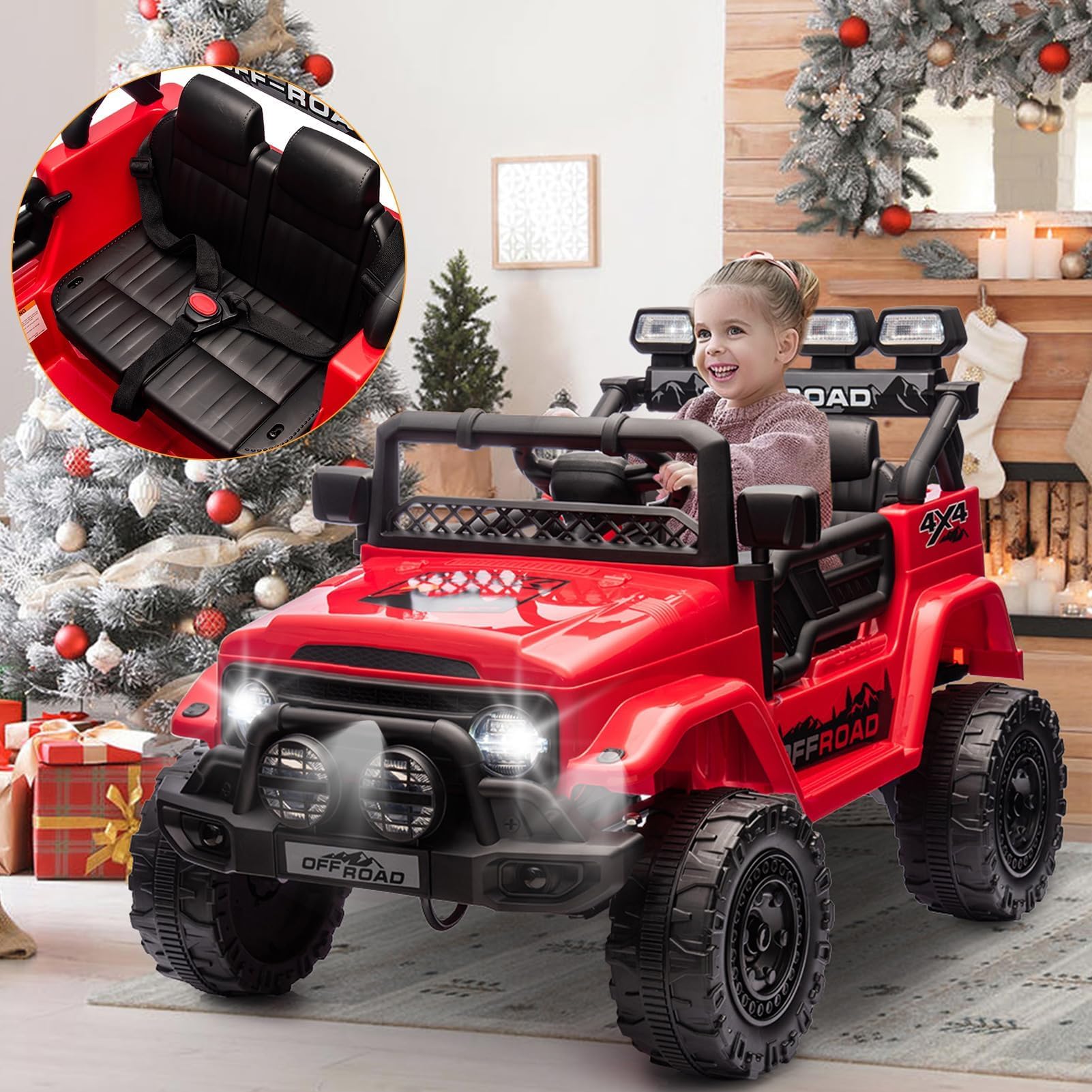 Voiture électrique Enfant 2 Places 12V avec Télécommande Parentale, Quad Bluetooth, Phares LED, Portes ouvrantes, Véhicule Tout-Terrain 3-8 Ans Rouge