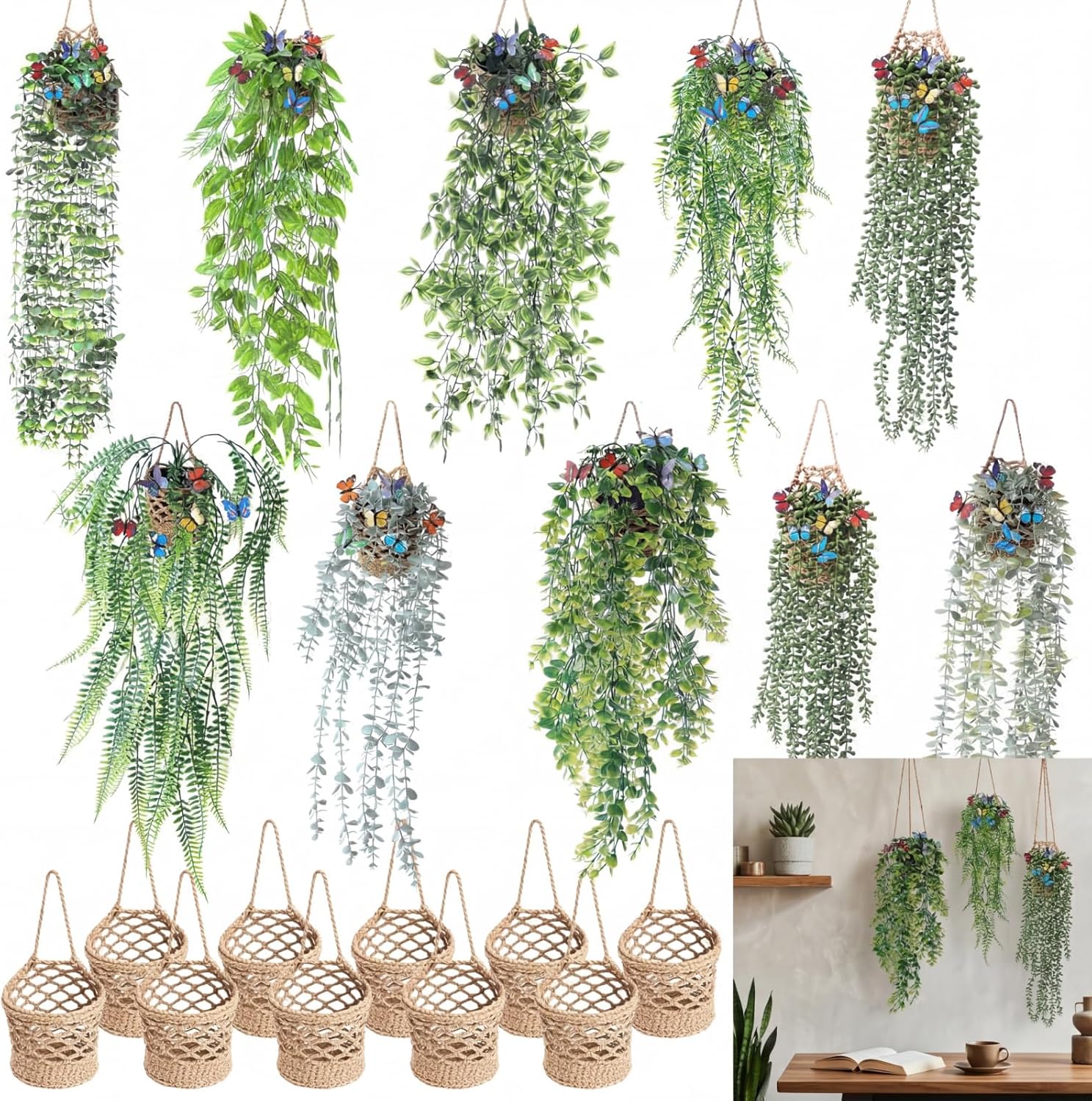 Giegxin 10 Set Spring Mini Artificial Hanging Plants with Macrame Wall Plant Hanger and Butterfly, Boho Fake Plants Ivy Faux Vines Eucalyptus Leaf for Indoor Home Wall Shelf Decor
