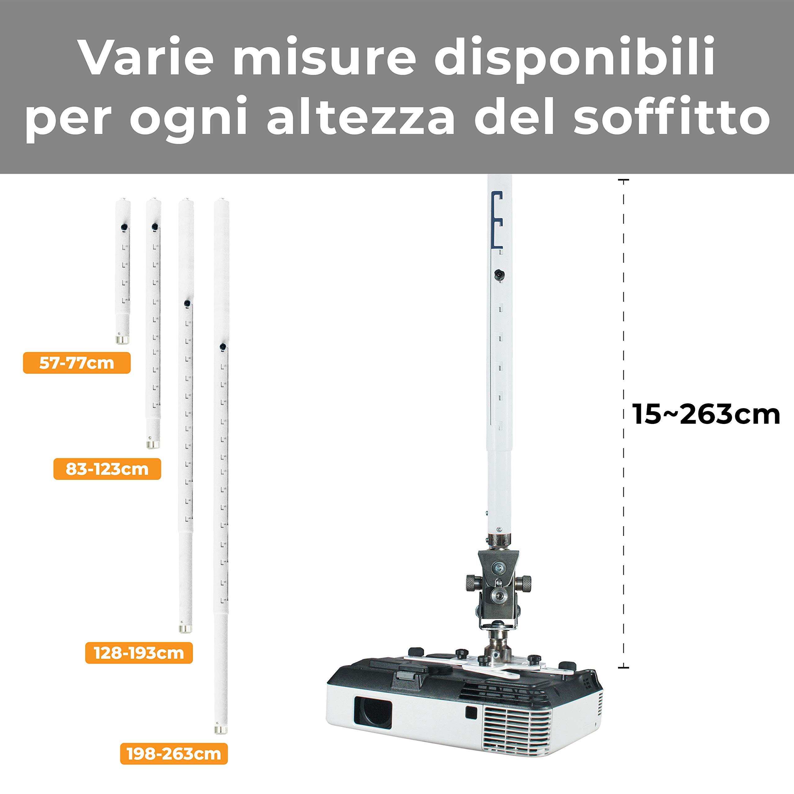 Supporto Proiezione Professionale “Arakno-Mini” Bianco 15cm Regolabile Per Videoproiettore (Disponibile da 15cm, 57/77cm, 83/123cm, 128/193cm, 198/263cm) Montaggio Staffa A Soffitto Massima Qualità