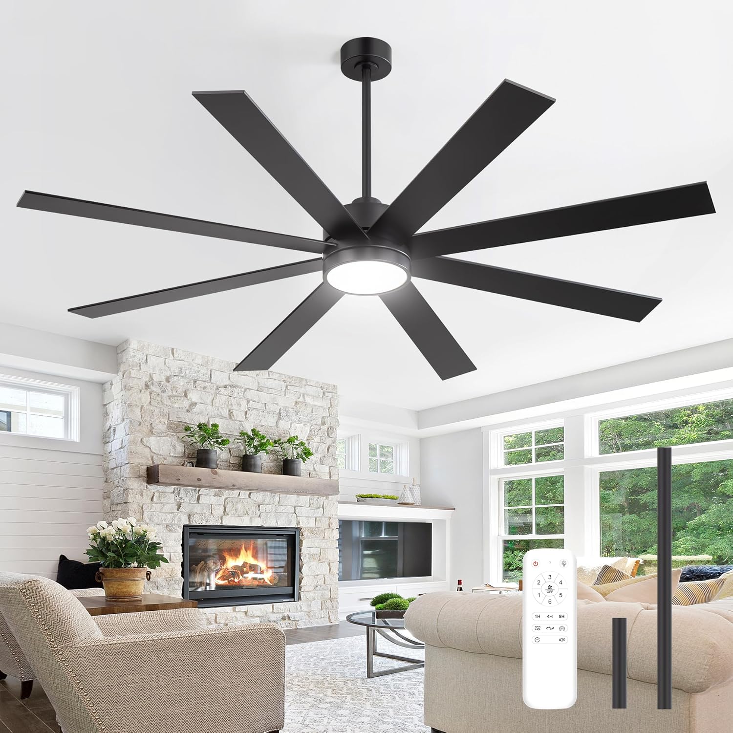 72 Inch Ceiling Fan with Lights and Remote, Large Black Ceiling Fan with 3CCT LED Light, 6 Speed Reversible Quiet DC Motor, Modern Ceiling fan for Living Room, Patio, Library