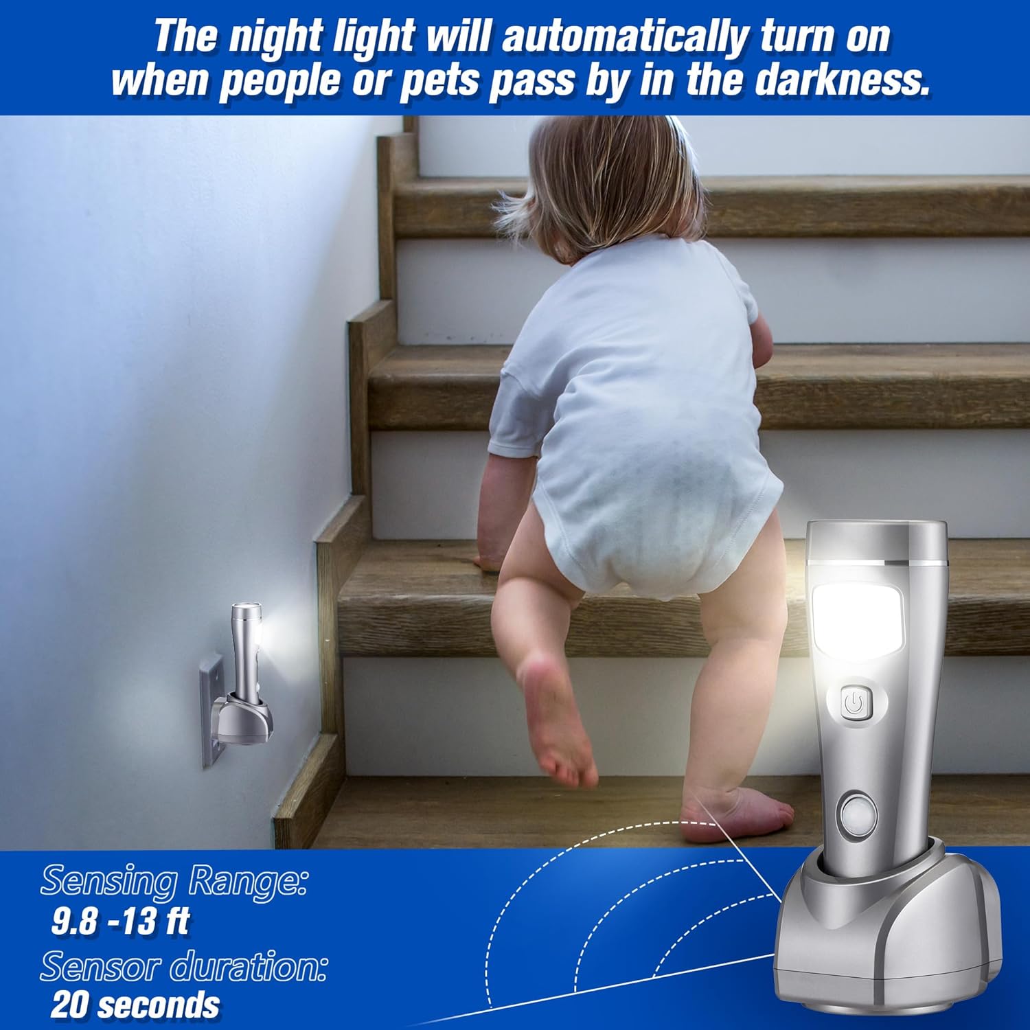 Enhon 2 Pack 4 in 1 LED Emergency Lights for Home Power Failure, Rechargeable Plug in Flashlight Motion Sensor Night Light, Automatic Turn On Power Outage Light for Home Hurricane Supplies (Silver)