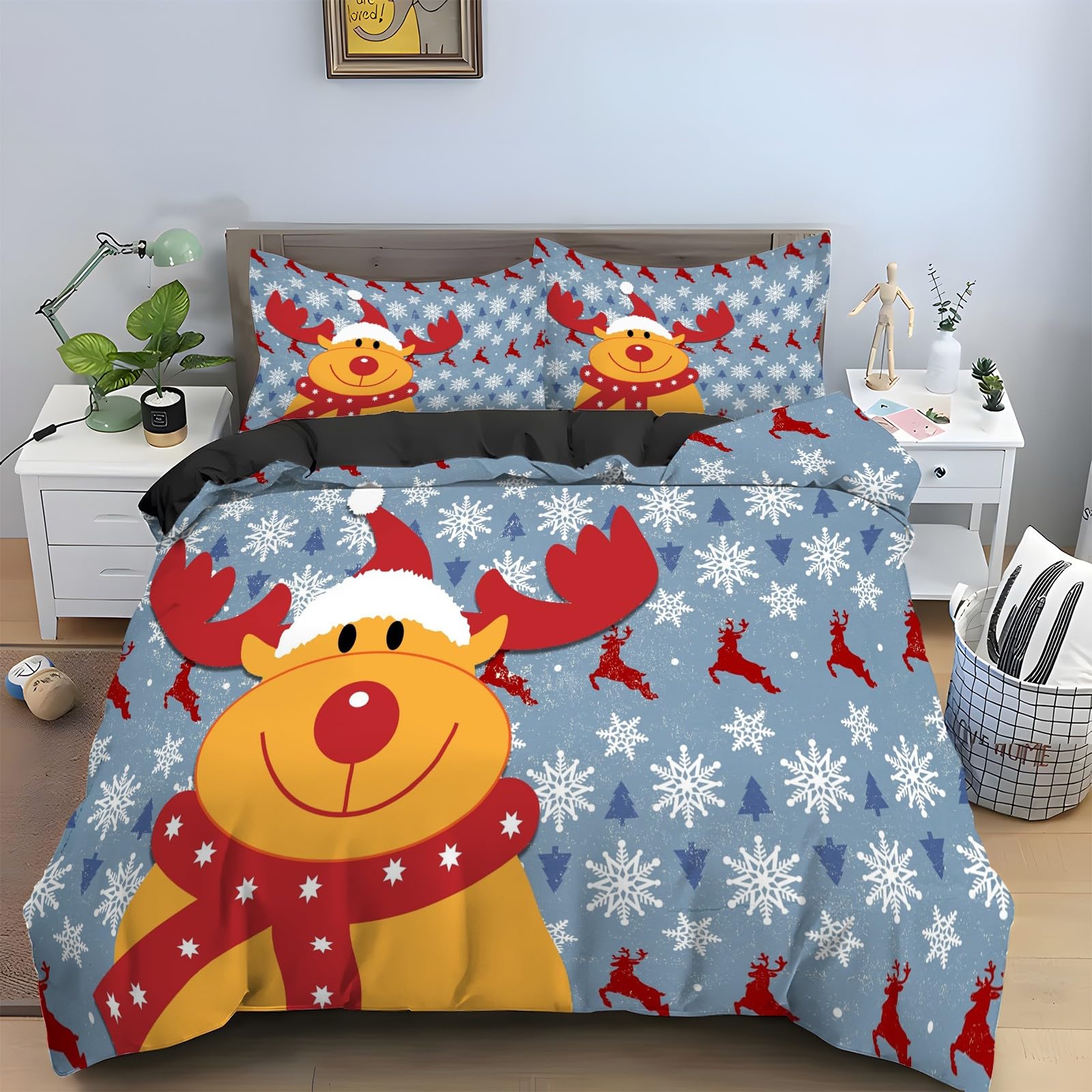 Parure de lit 90x190 Élan de Noël avec housse de couette microfibre et 2 taies