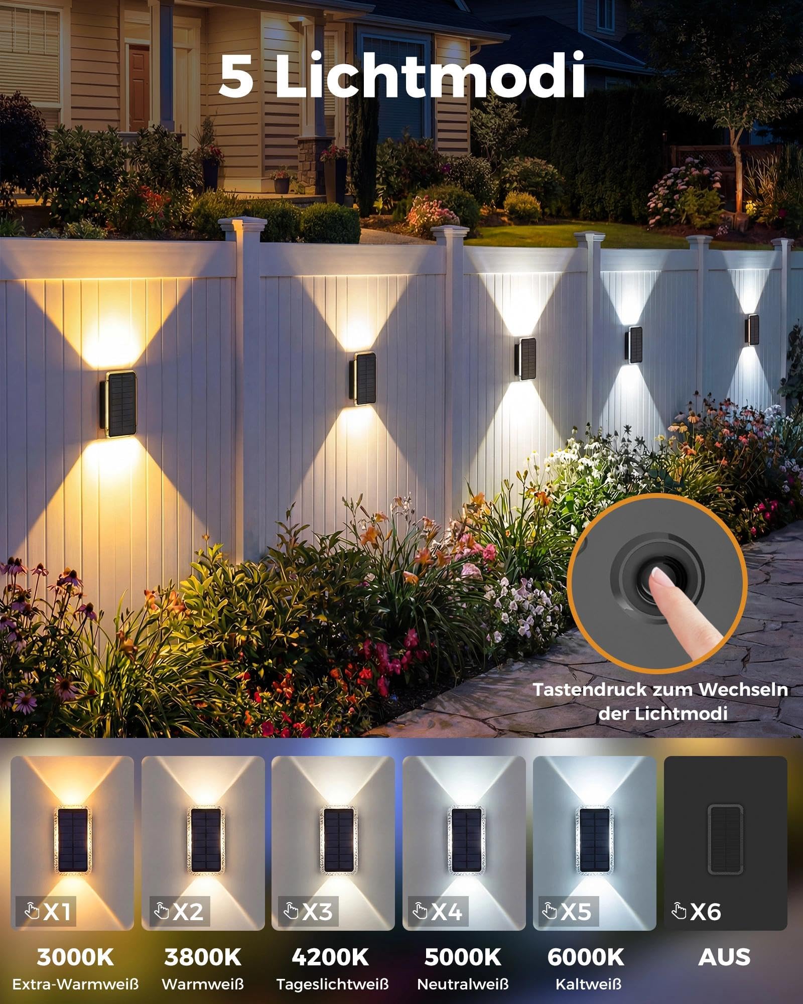 vighep Solar Wandleuchte Außen 8er-Set, Up & Down Leuchte Solar mit 5 Farbtemperaturen 3000K–6000K, IP65 Wasserdicht, Solarlampen für AußenWand und Gartenzaun, für Hauswand, Terrasse, Balkon, Eingang