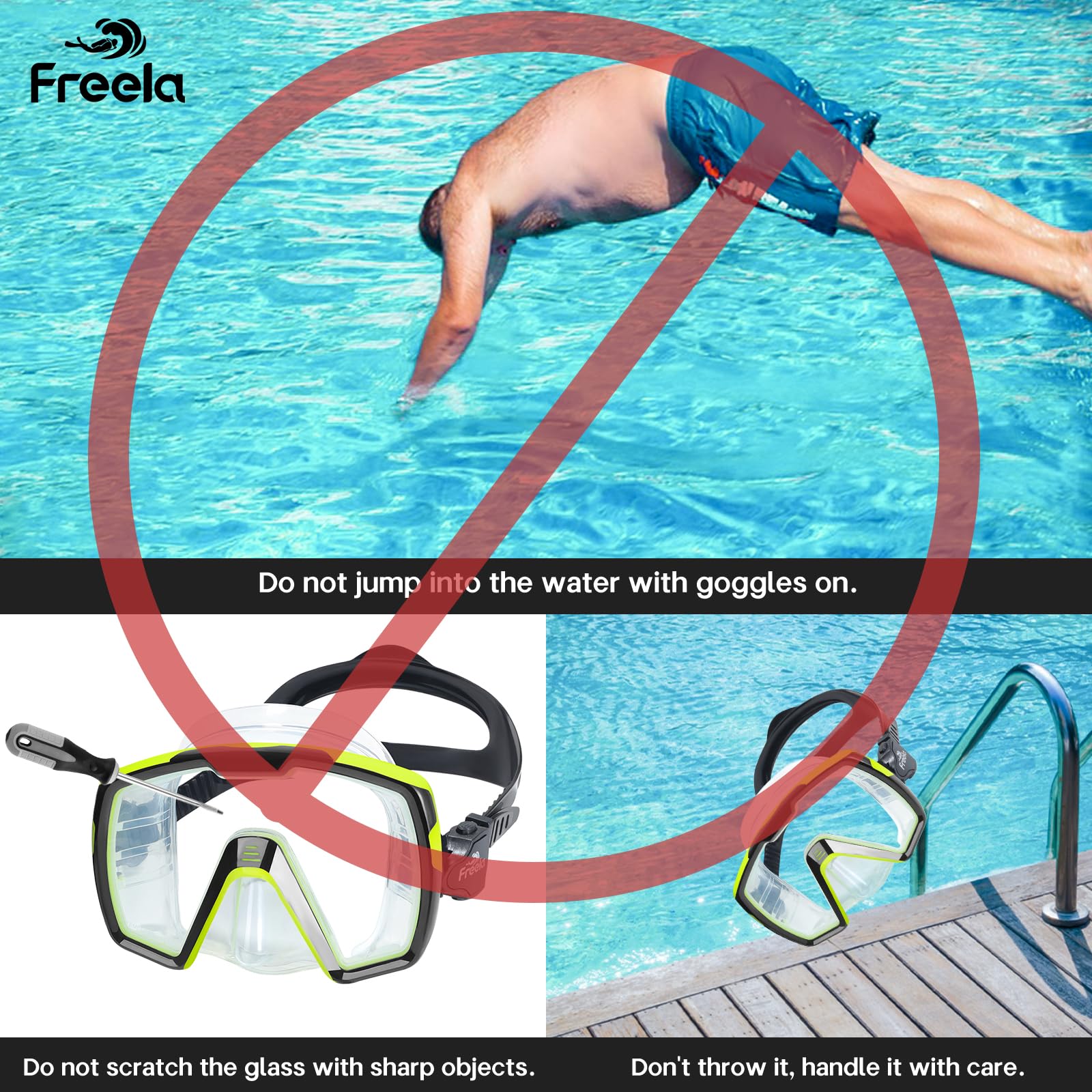 Freela Gafas de natación para adultos con cubierta de nariz, vidrio templado, antivaho, impermeable, 180°, transparente, amplia visión, hombres y mujeres