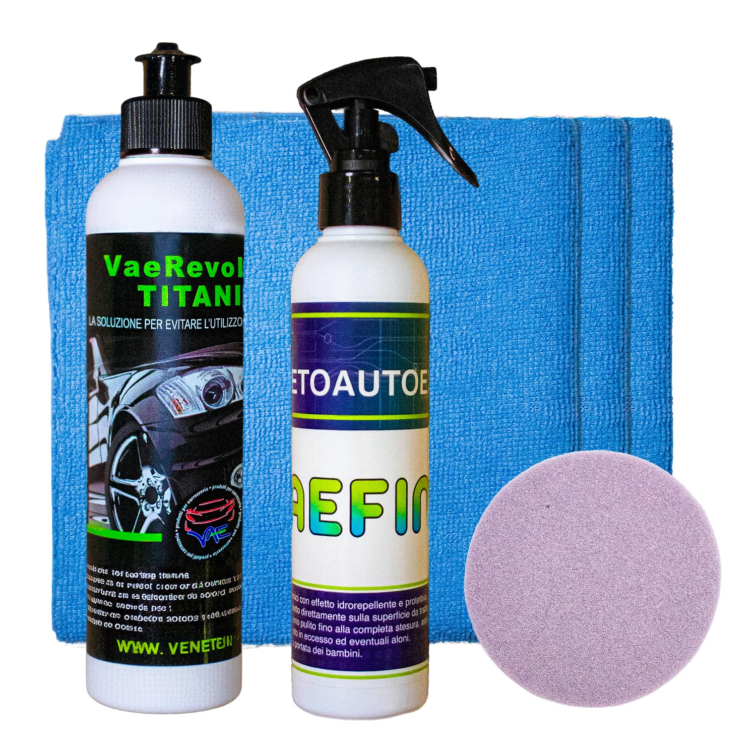 VAE Kit Lucidatura Auto Manuale con VaeRevolution Titanium 225g e VaeFinish 200ml, Tampone Liscio e Panni in Microfibra Inclusi, Lucidante e Protettivo Professionale per Auto Brillante e Protetta