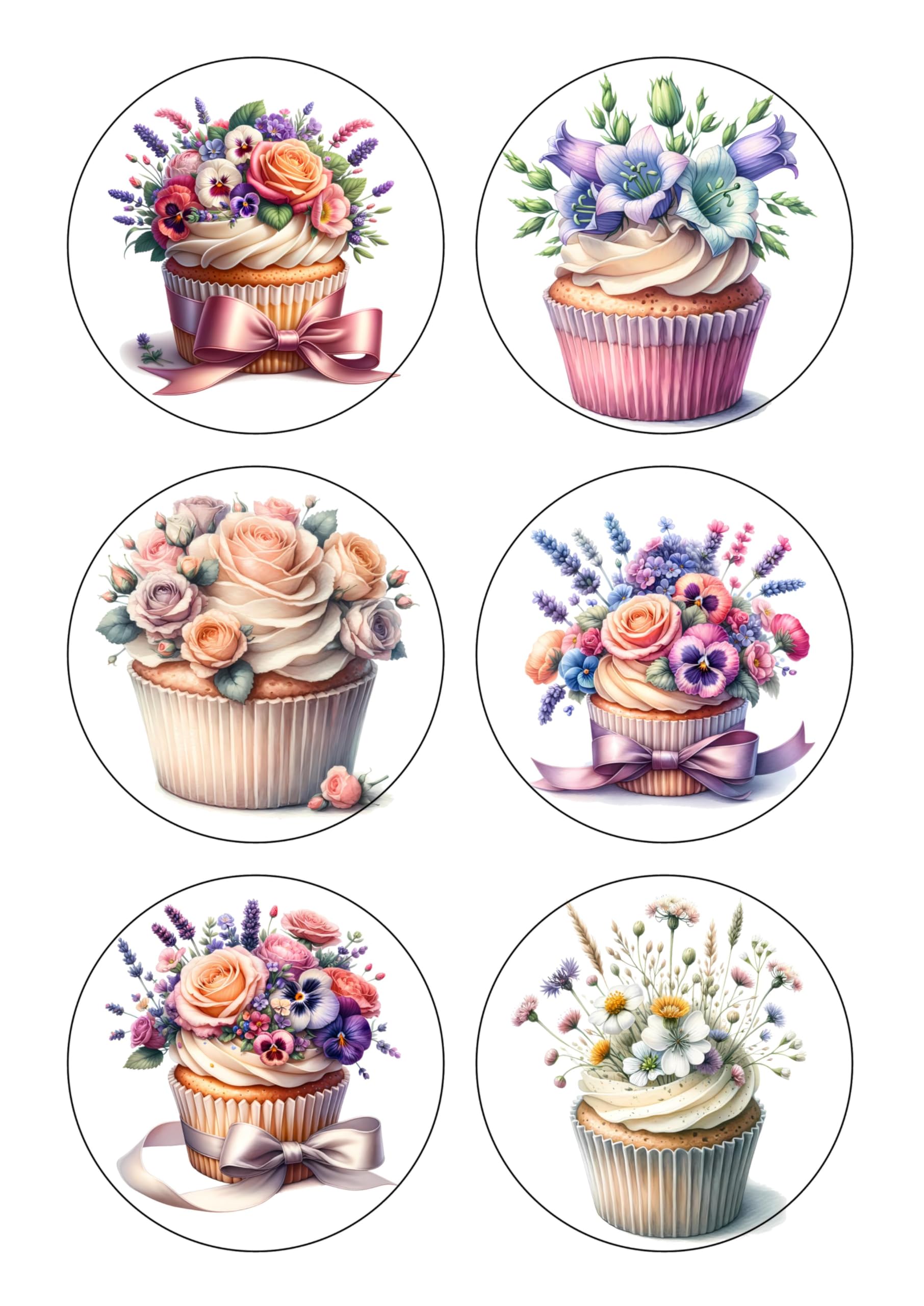 Chic Cottage Crafts White Background With Multi Colours 12 Floral Cupcakes Selection - Card Making Toppers Self Adhesive Circles - Glossy Finish Medium 88Mm (3.5 Inches) Diameter - Pack Of 12 (Two Sheets Of 6) - Crafts Labels