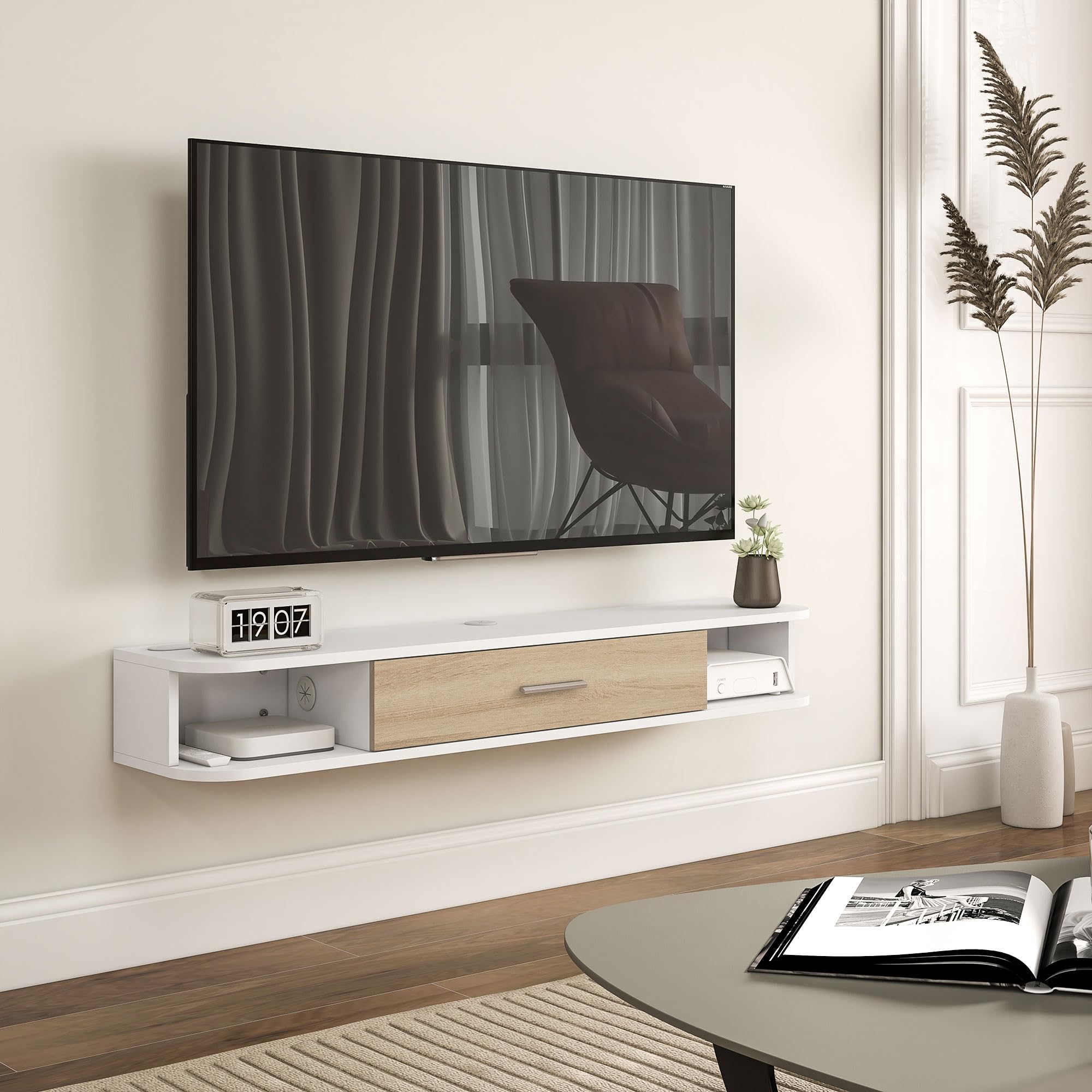 HOMCOM Mueble TV de Pared 120 cm para TVs hasta 50 Pulgadas, Blanco | Soporte TV, 2 estantes abiertos, puerta abatible, gestión de cables, banco TV flotante, salón, dormitorio