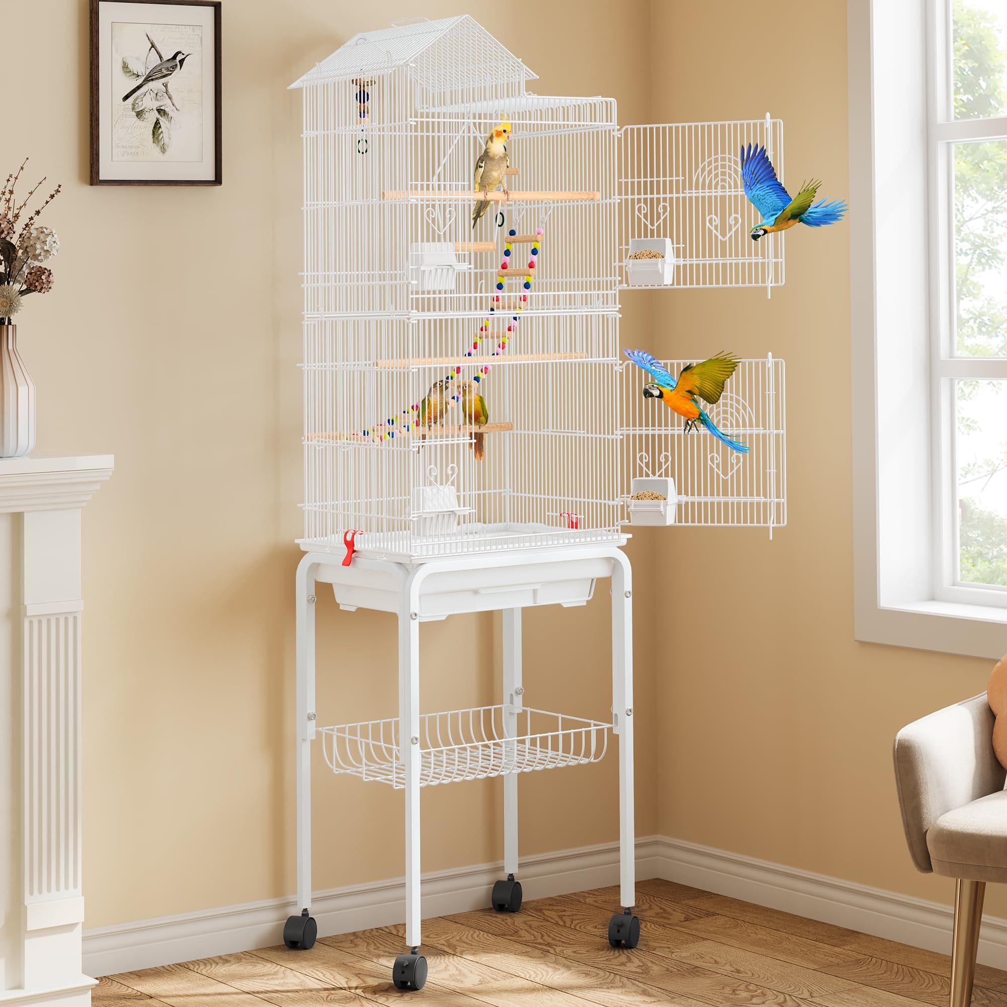 YITAHOME 62 inch Metal Bird Cage, Large Parakeet Cages for Parrot, Cockatiel, Lovebird, Pigeon with Roof Top, Rolling Stand and Hanging Accessories, White