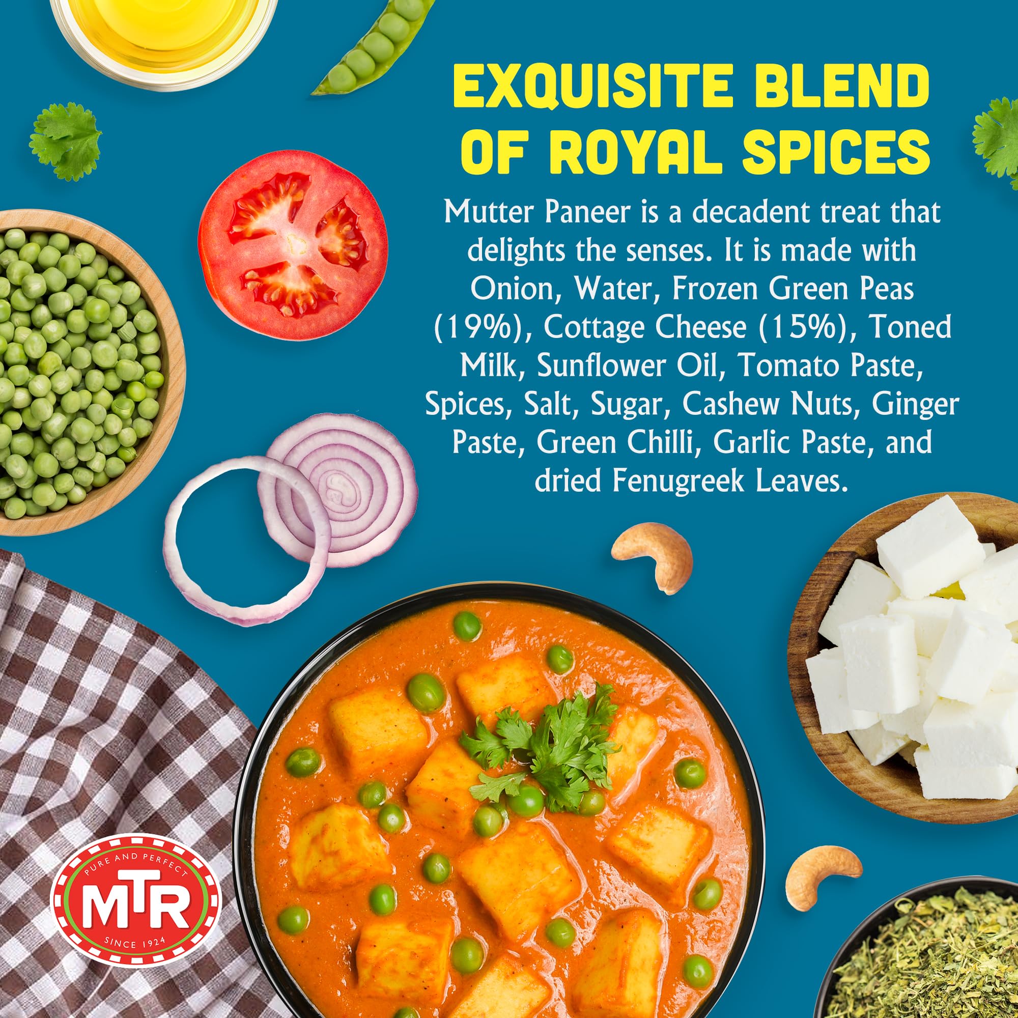 MTR - Minute Meals: Mutter Paneer - Spiced Green Peas & Cottage Cheese in Gravy - Tasty Indian Meal with No Added Preservatives - A Quick Meal Suitable for Vegetarians, Ready in Minutes! (Pack of 6)