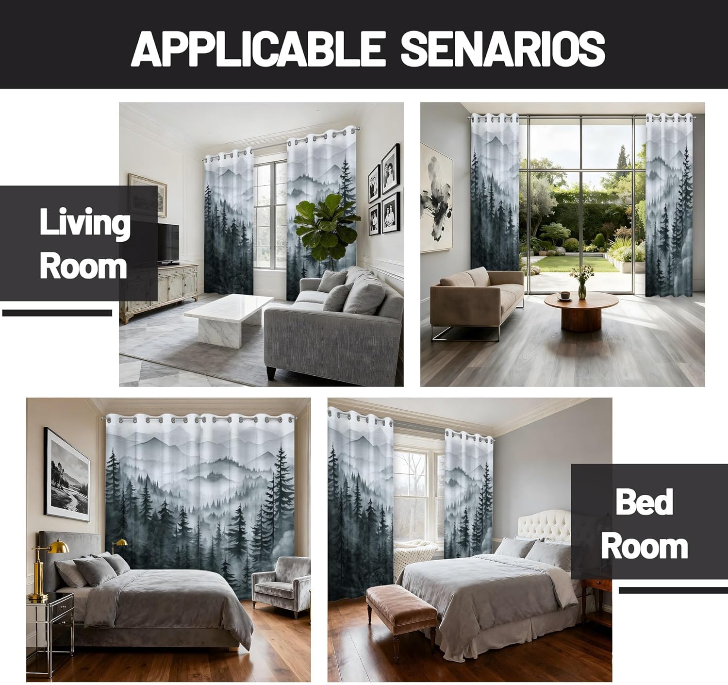 Grey Forest Blackout Curtains, Cool Black and White Gray Window Drapes for Mens Bedroom Living Room, 96 inch Length 2 Panels Set，52x96in