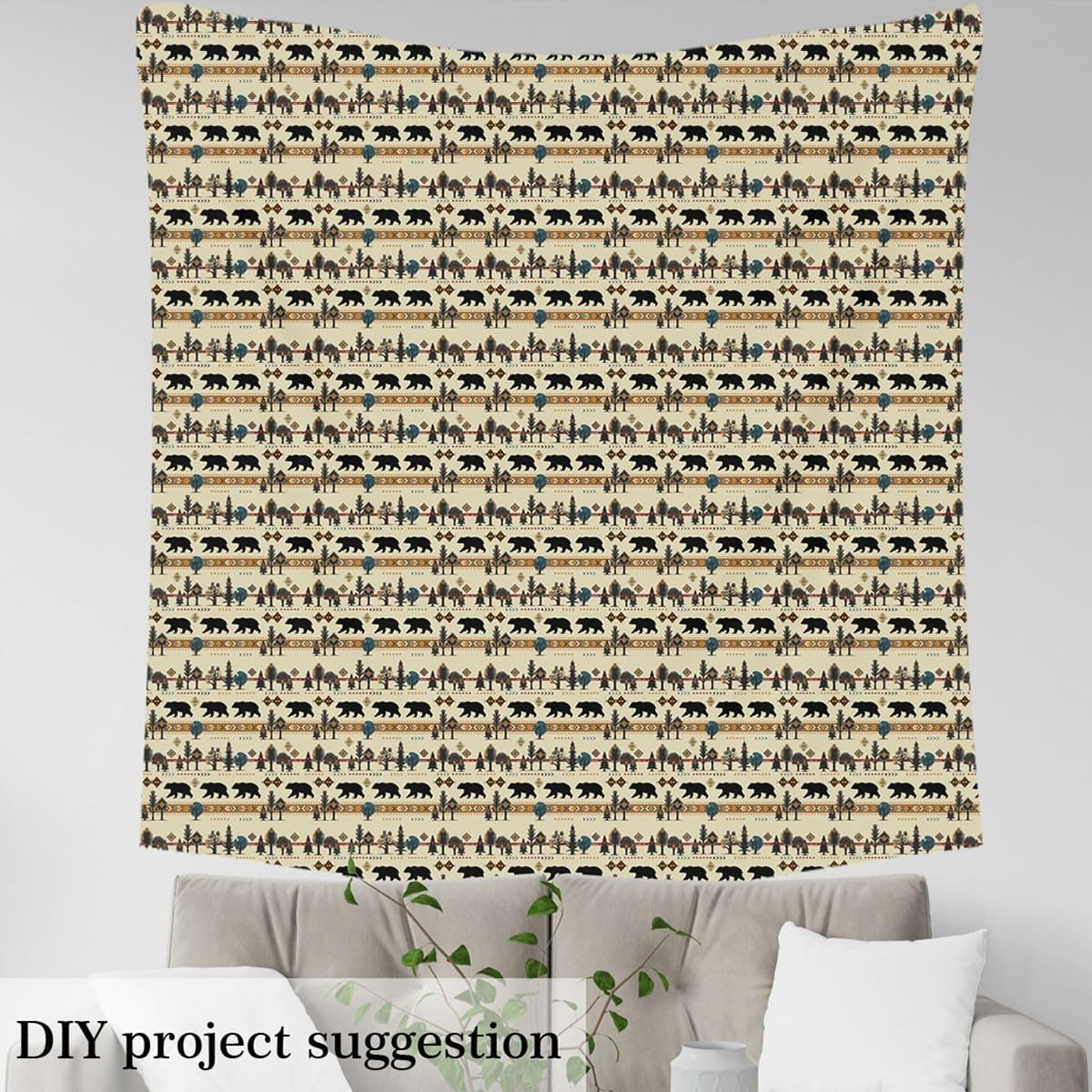Erosebridal Rustic Woodland Bear Upholstery Fabric by The Yard Black Bears Forest Southwestern Waterproof Fabric Retro Cabin Decor Material for Quilting Wildlife Aztec Pattern,5 Yards,Black Beige