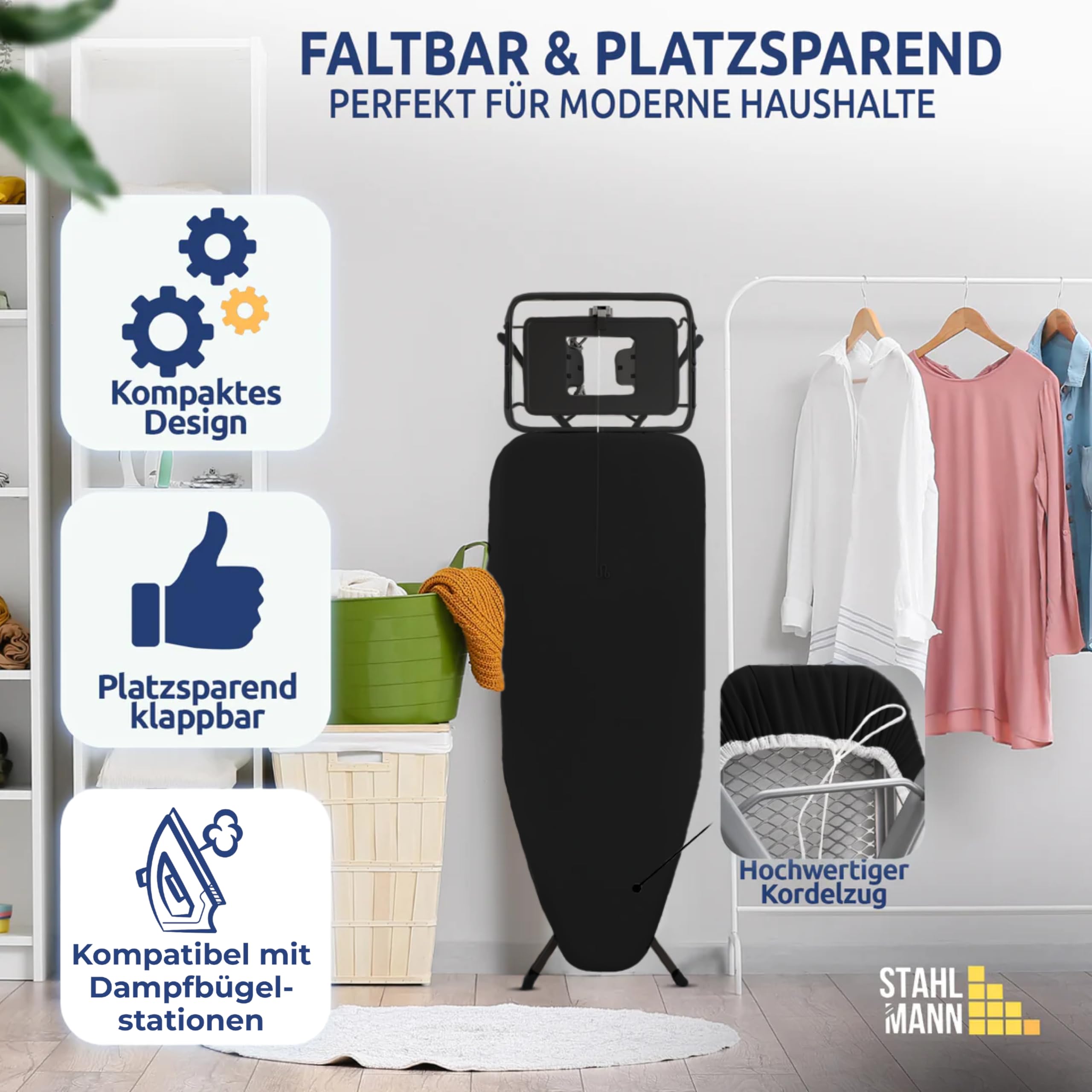 NUR FÜR Kurze Zeit! STAHLMANN ® großes Bügelbrett [120x38 Bügelfläche] mit Kleidungsplatte – robuster Bügeltisch – extra stabiles Bügelbrett [Made IN EU] – Tischbügelbrett