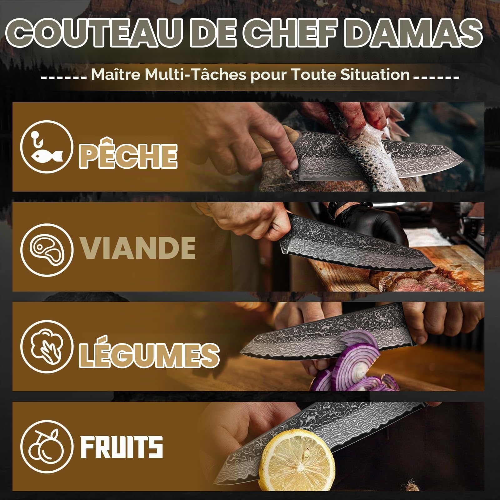 TAN REN Damas Couteaux, Couteaux de Chef Professionnels Forgés à la Main, Couteaux de Chef Damas avec Coffret Cadeau, Couteaux à Découper Exceptionnellement Tranchants