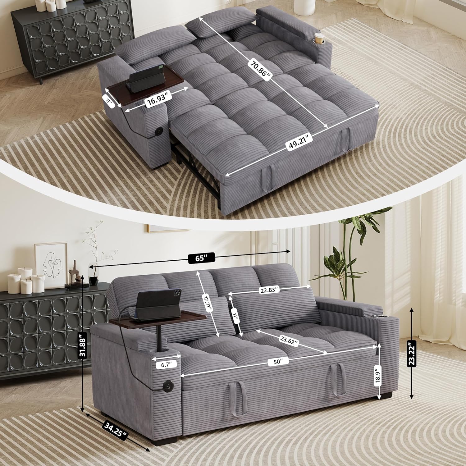 65'' Sleeper Sofa with Pull Out Bed, 3 in 1 Convertible Loveseat Sofa with Cup Holder and Storage Armrests, Corduroy Couch with Rotatable Table and USB Ports for Apartment Living Room Office, Purple