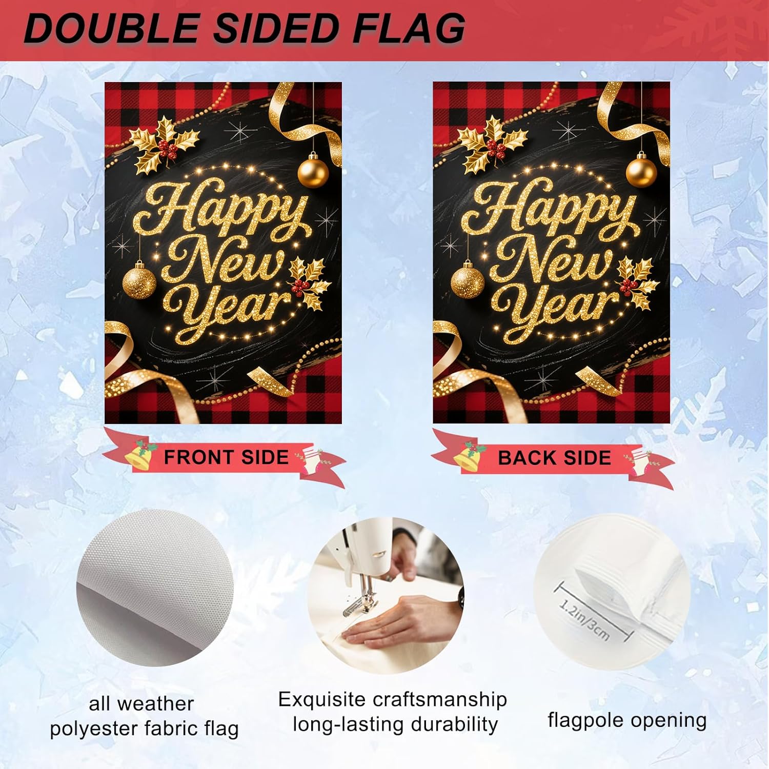 IVN New Year Garden Flag 12x18 Inch Double Sided Happy New Year Text with Plaid Background, Golden Ornaments and Ribbon Accents Outdoor Yard Flag for Outside Home Front Door Lawn Porch Patio Welcome Decor - Image 4