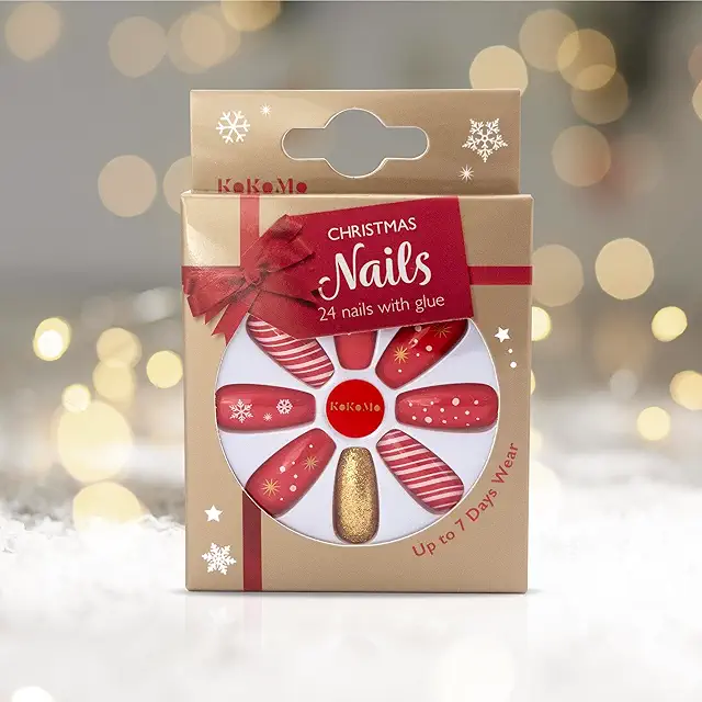 Red Christmas Nails: 24pcs Festive False Nails with Glue - Red & Gold