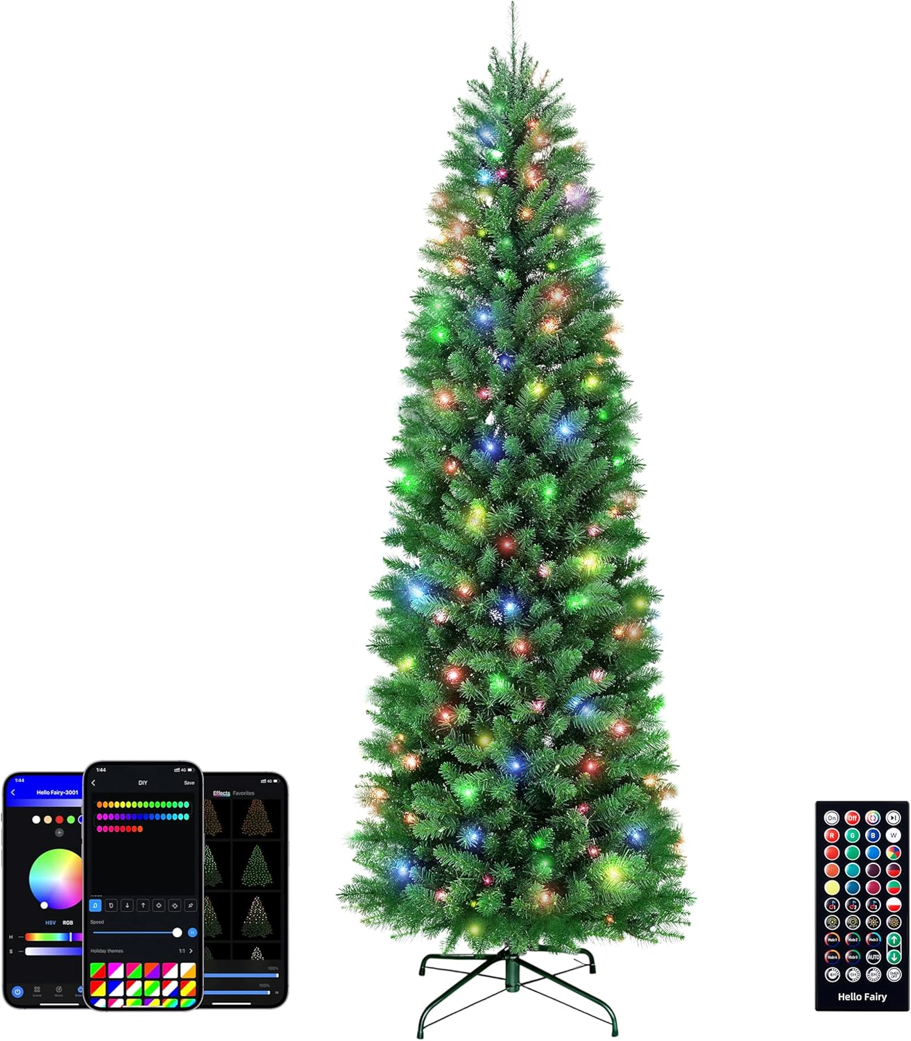 Brightown Smart Pencil Christmas Tree - 9ft APP Controlled RGB Prelit Christmas Tree Lighted Skinny Slim Trees- with 550LED Lights 1437 Branch Tips Customize Display DIY Dynamic Lighting Effect