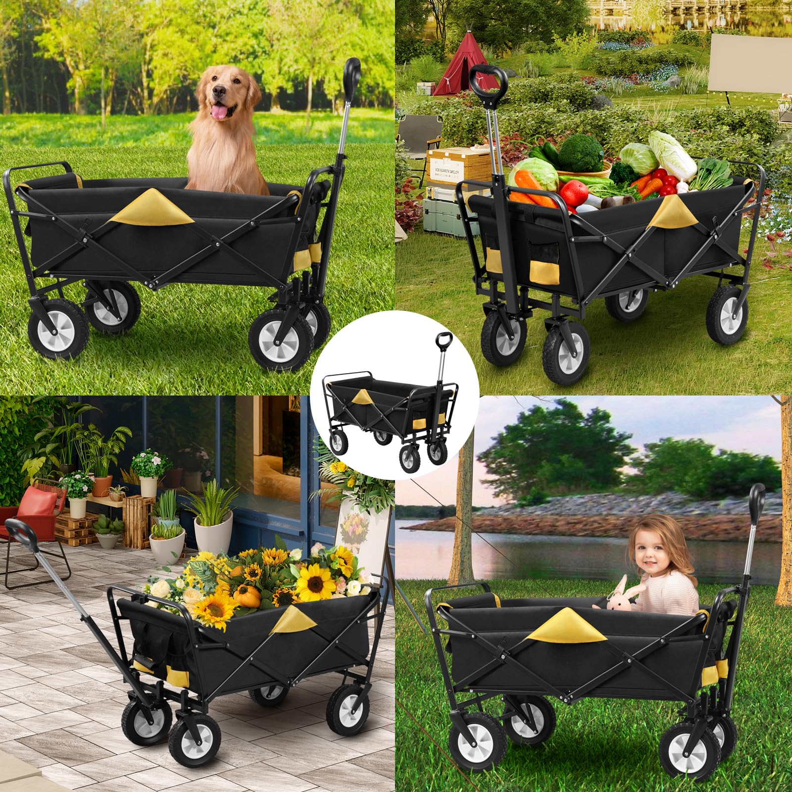EUGAD 0010HC Chariot de Transport pour Jardin Max. 80kg Chariot Pliable à 4 Roues Tissu Oxford Anthracite+Jaune