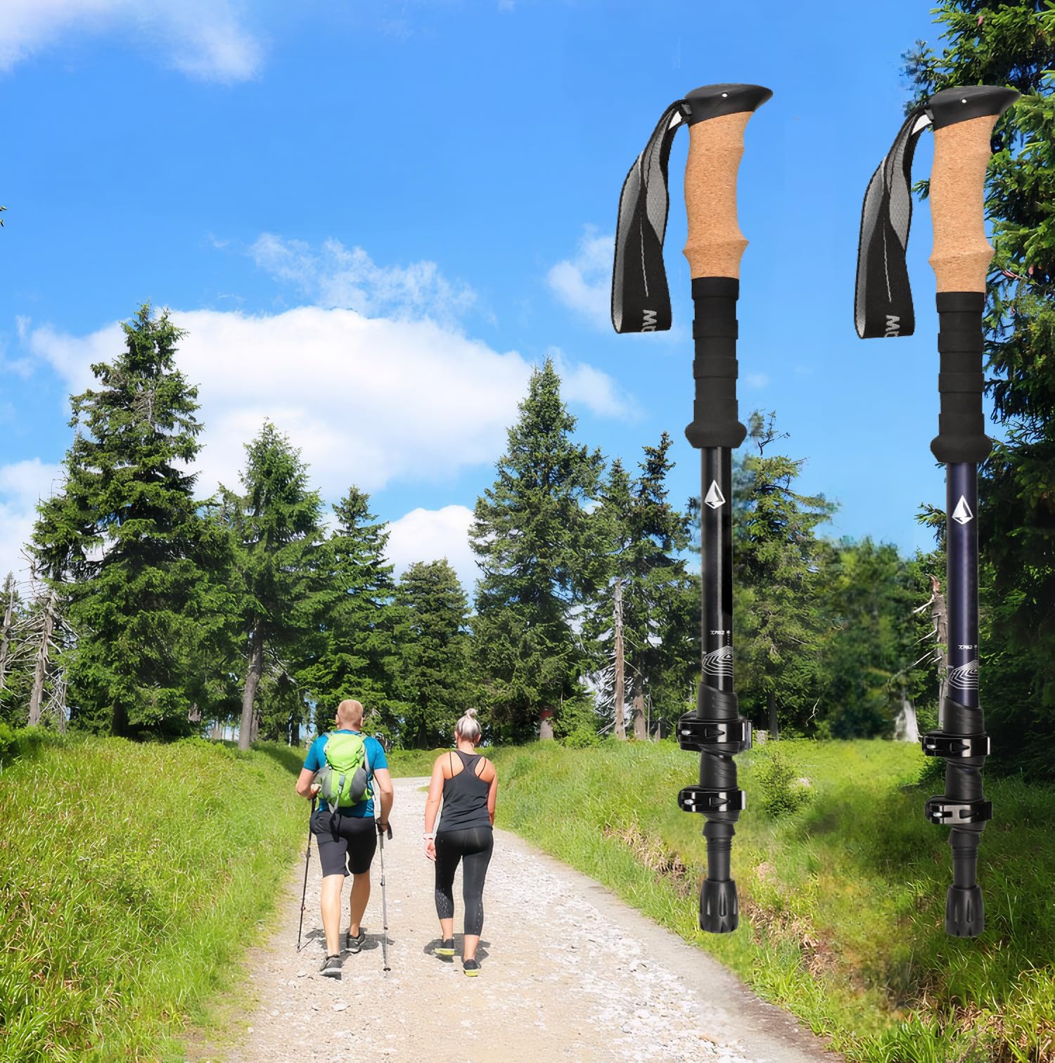 Bastoncini da trekking in alluminio regolabili a 3 sezioni con impugnatura in sughero, punte in acciaio al carbonio, lunghezza estesa TP04, confezione da 2