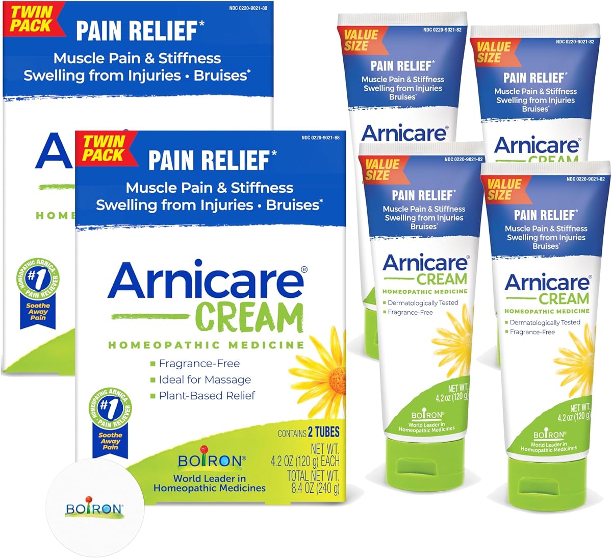 Boiron Arnicare Cream 4.2 oz (Twin Pack x2) for Joint Pain, Muscle Pain Relief, Swelling, Soreness, Stiffness, & Bruises-Fast Absorbing & Fragrance-Free Arnica (4 Bottles in Total) & a Sticker