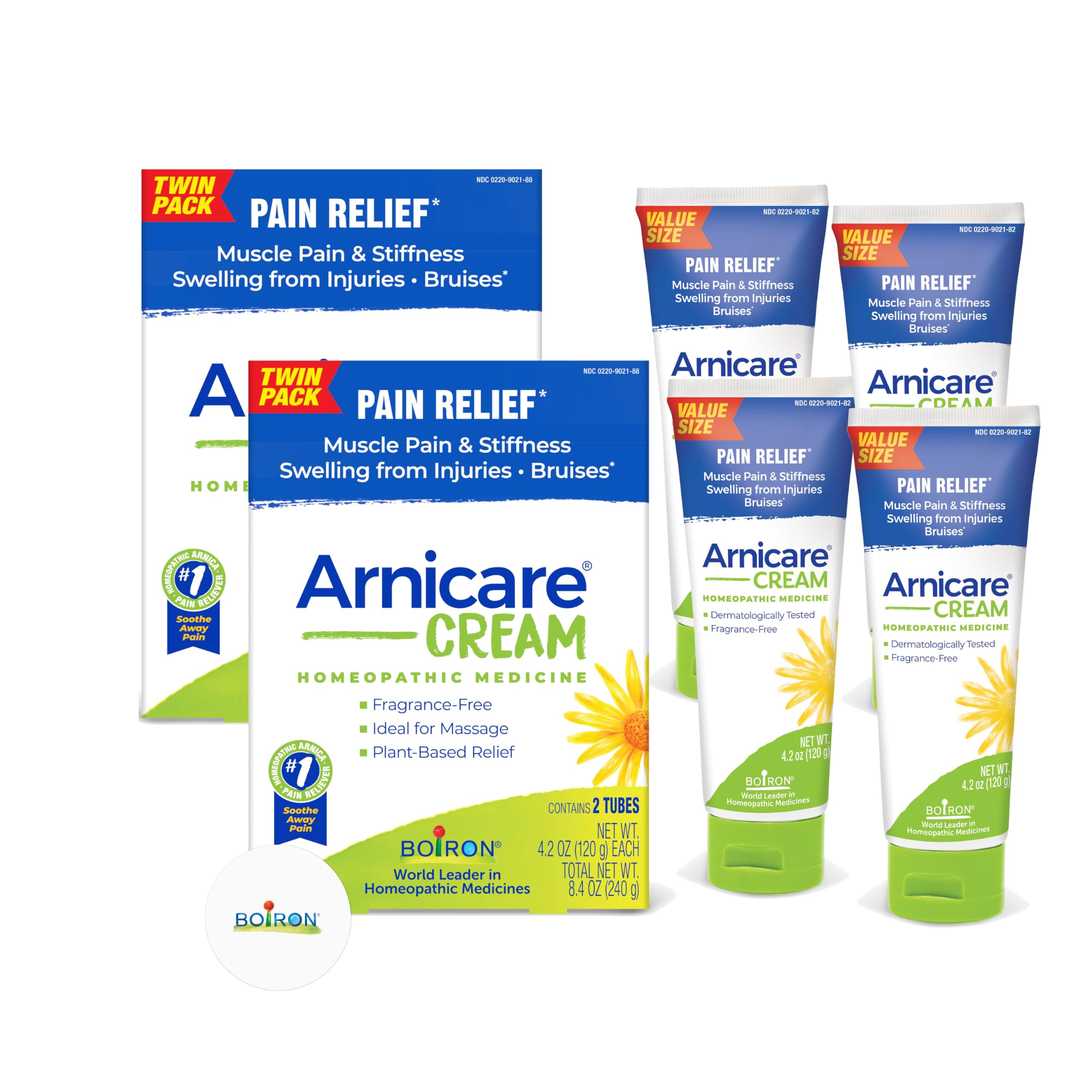 Boiron Arnicare Cream 4.2 oz (Twin Pack x2) for Joint Pain, Muscle Pain Relief, Swelling, Soreness, Stiffness, & Bruises-Fast Absorbing & Fragrance-Free Arnica (4 Bottles in Total) & a Sticker