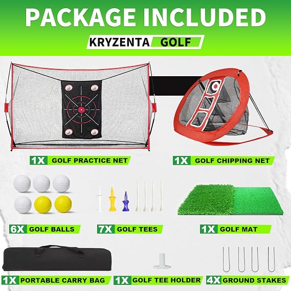 Golf Net, 10x7ft Practice Net with Chipping Nets, Gifts for Golfer | Golf Hitting Aid Nets for Backyard Training with Chipping Nets, Foldable Mat, Silk Target, 8 Tees, 6 Balls, Carry Bag