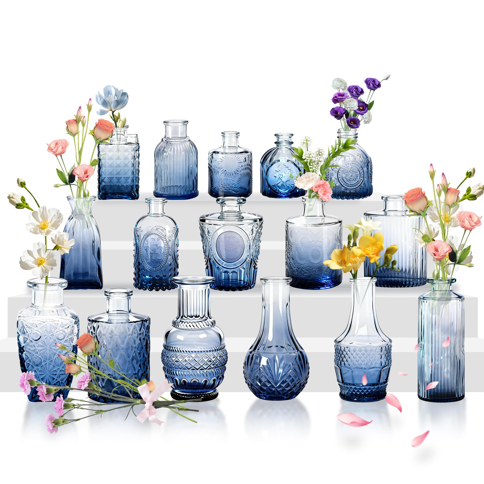 YRHome 32 Stück Kleine Vasen für Tischdeko, Glas-Budenvasen-Set Mini, kleine Glasvase, Vintage-Blumenvasen & Knospenvasen für Hochzeiten, Partys, Feierlichkeiten Verlauf Blau