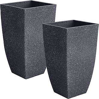 RUBBER BOND Plant Pots 2 Pack - Modern Indoor/Outdoor Planters for Home Decor - Weather-Resistant Large Flower Pots - Lightweight 22 Inches Tall Planters - Black Concrete Color Square Pots for Plants