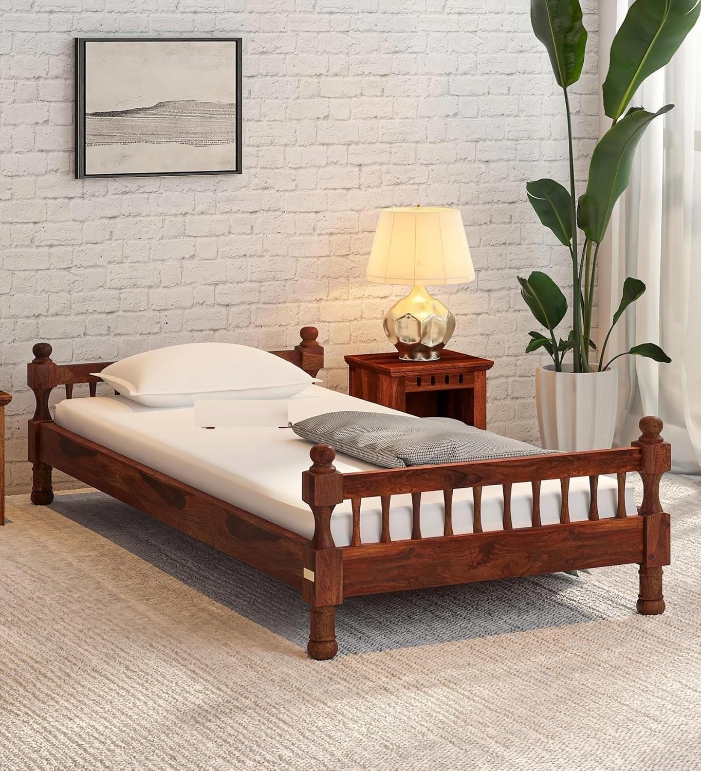- Sheesham Wood Fieri Single Size Bed Without Storage Solid Wood Cot Palang Wooden Bed for Bedroom Home Living Room (Honey) (216x99x53cm) (Mattress size-78x36 inch)