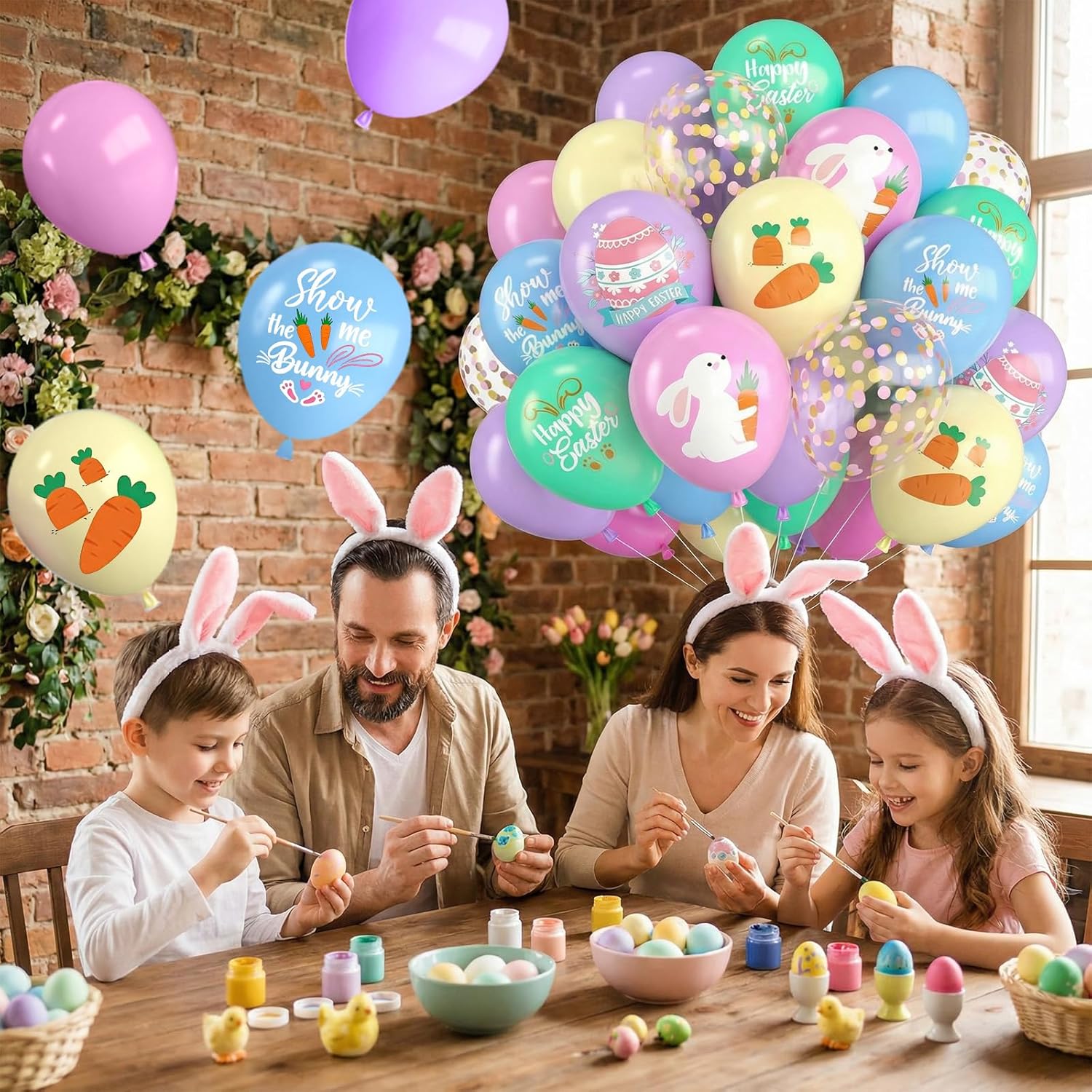 Pastel Easter Balloons,12 Inch Macaron Pink Blue Purple Green Yellow Balloon Printed Easter Eggs Bunny with Colorful Confetti Balloons for Spring Easter Birthday Theme Party Decorations
