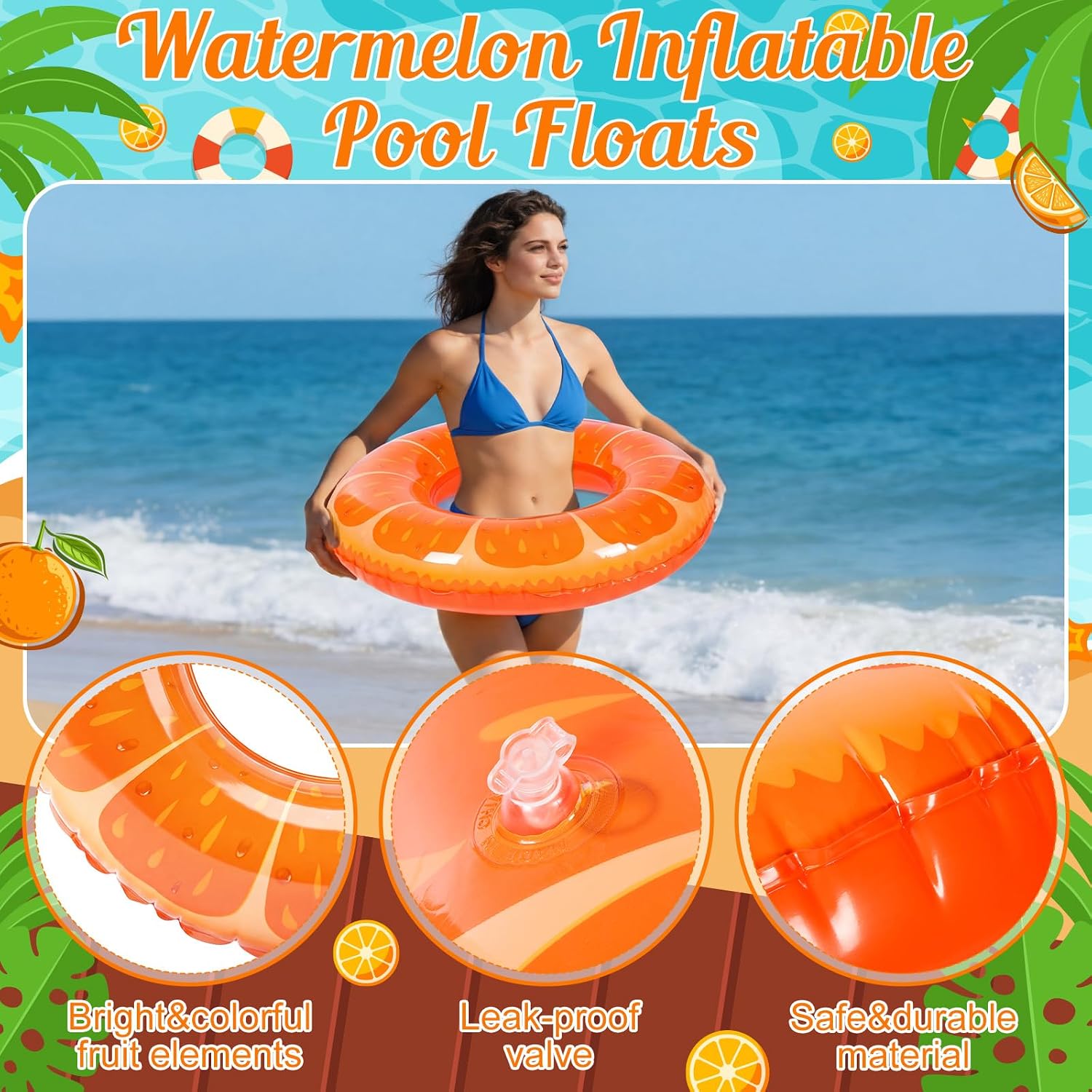 Lewtemi 8 Pcs Fruit Pool Floats Orange Swimming Rings Orange Beach Balls image 3