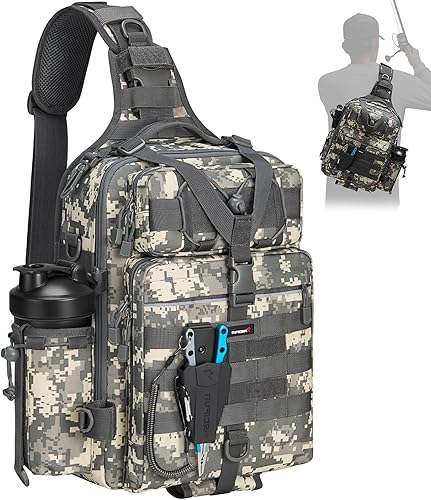 Piscifun Fishing Backpack Tackle Bag with 2 Rod Holders, Multi-Compartment Storage, MOLLE System, Water-Resistant Lightweight Outdoor Pack, Double Shoulder Digital Camouflage Large