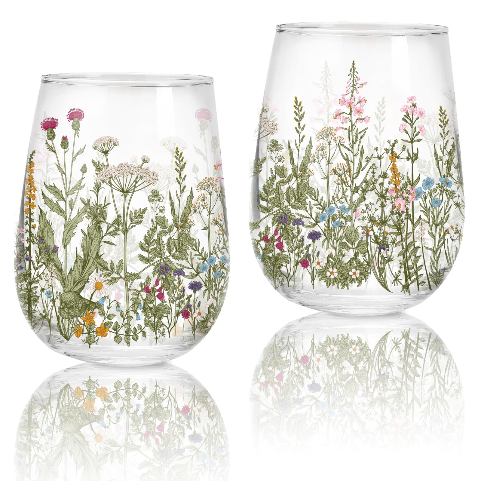 Verres à vin sans pied 500 ml avec fleurs sauvages aquarelle de fête