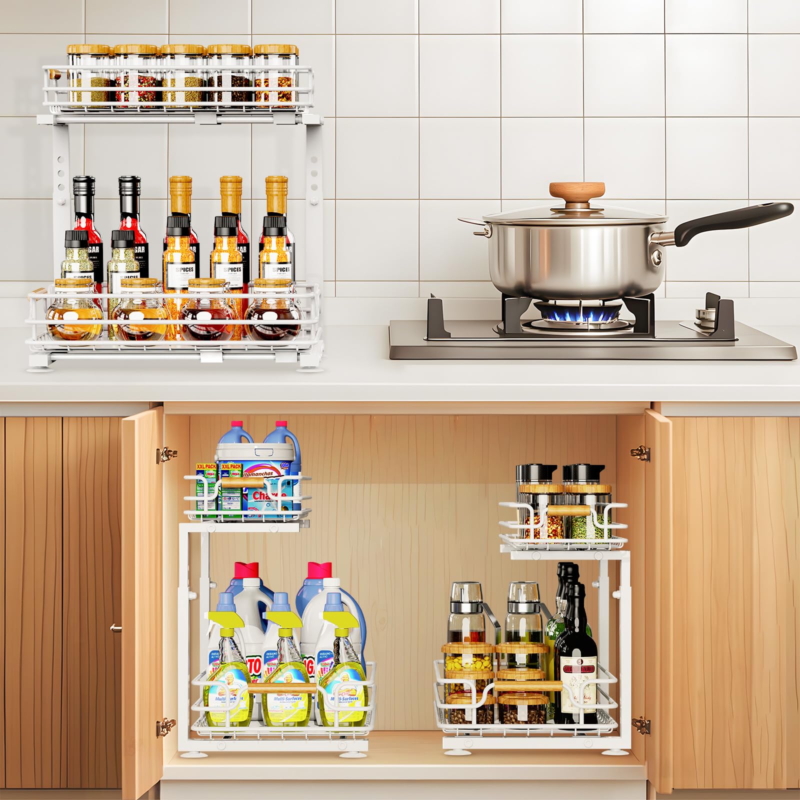 JYPS 2 Paquete Organizador Bajo Fregadero, 2 Niveles Metal Extraible Mueble Fregadero Armario Limpieza, Altura Regulable Estantería bajo Baño,Cocina(Blanco)