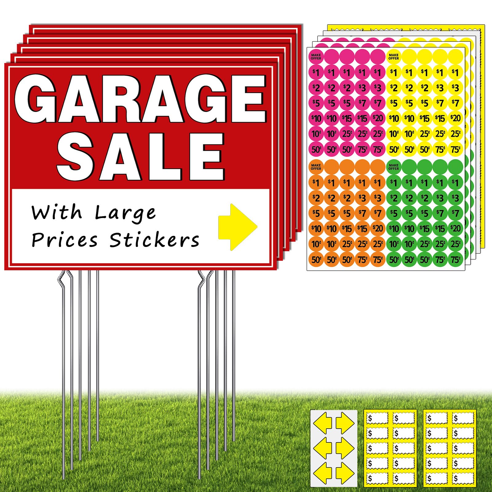 Garage Sale Kit (10 Pcs), 5 Pack Garage Sale Signs with Metal Stakes, 5 Pack Yard Sales Price Stickers, Directional Arrows Sign, Yard Sales Supplies,