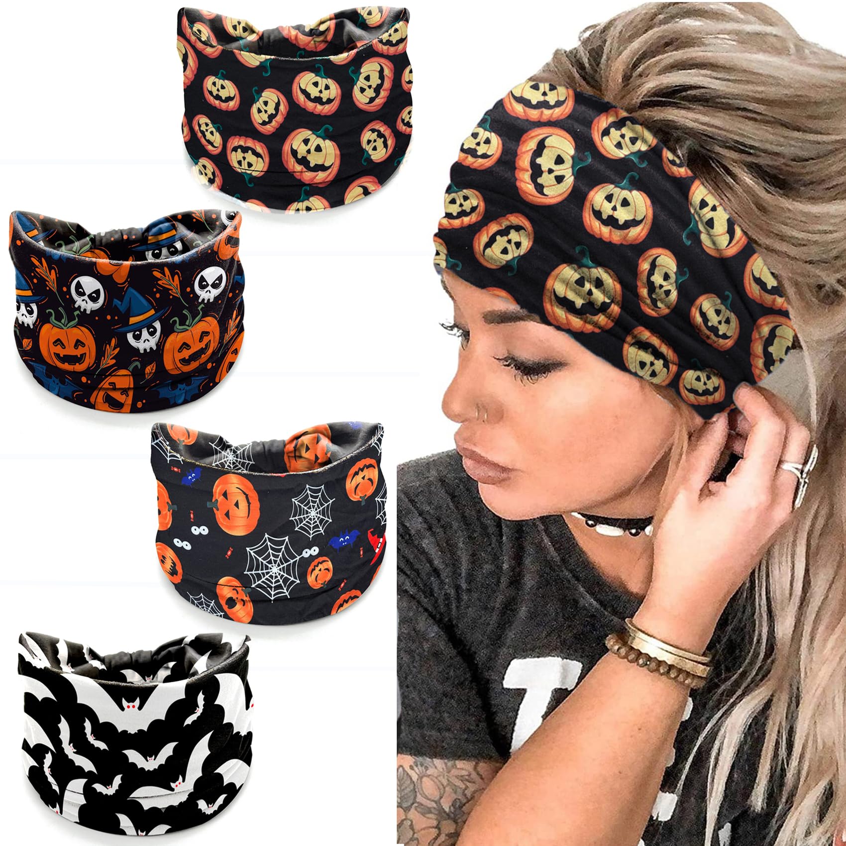 TailaiMei 4 Pcs Halloween Headbands for Women, Wide Turban Dress Up Costume Headband, Pumpkin Spider Web Bad Skeleton Hair Band