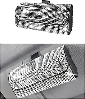 Bling Sunglasses Holder for Sun Visor, Sparkling Glasses Sun Visor Organizer Case with Hidden Magnetic Closure, Auto Visor Crystal Eyeglasses Storage Case, Car Accessories (Bling White)