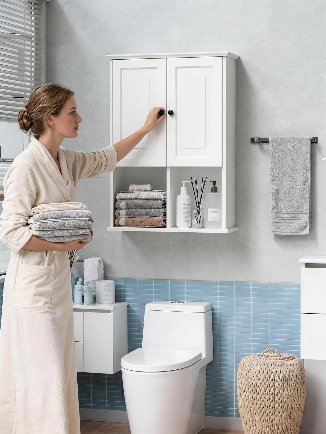 HAIOOU Bathroom Wall Cabinet with Motion Sensor LED Light, Wooden Medicine Cabinet Wall Mounted Cupboard, Over Toilet Storage Cabinet with Buffering Hinges and Adjustable Shelf - Modern White