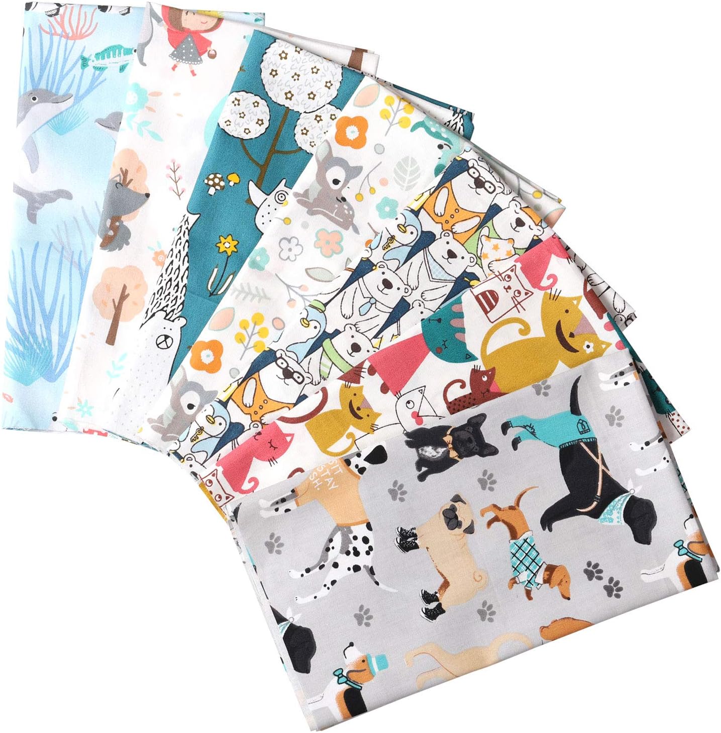 Picheng 7pcs Cute Animals Cat Dog Fat Quarters Fabric Bundles19.6“ x 19.6” Cotton Fabric Whale Bear Cartoon Printed Quilting Fabric Bundles for Home Décor Clothing Craft Sewing Material