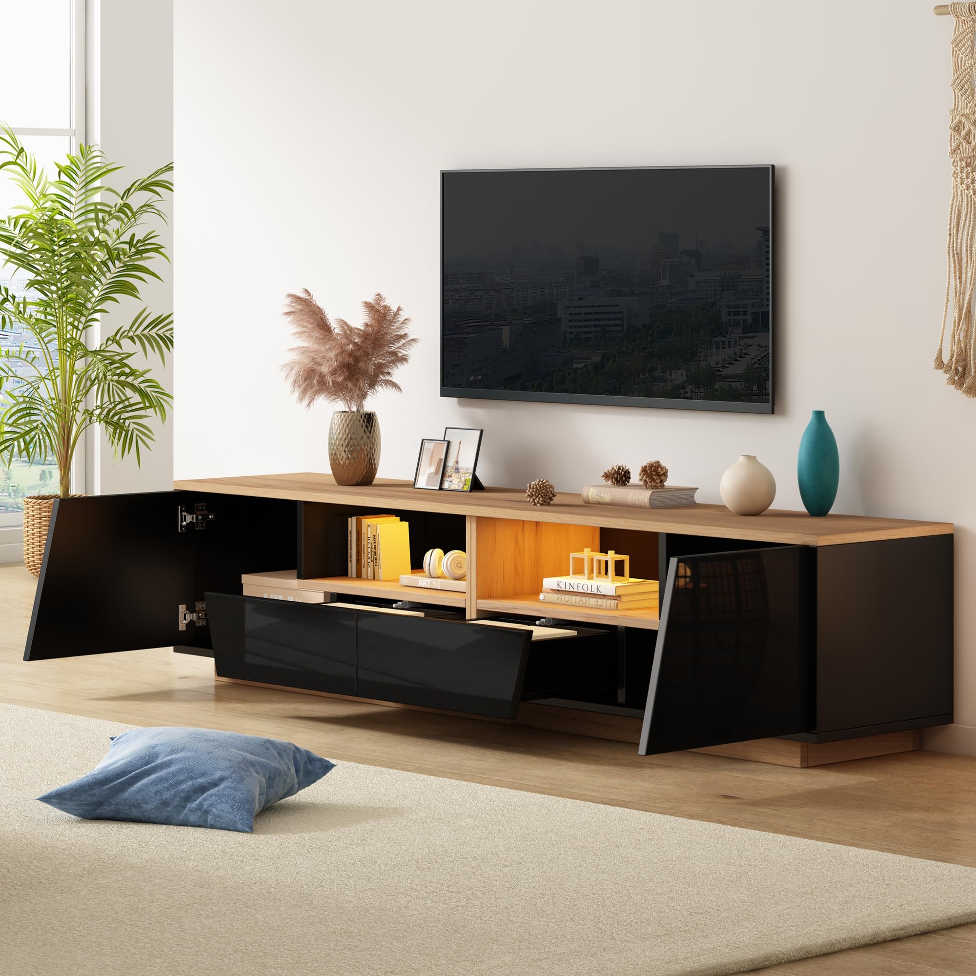 Mueble bajo para TV con LED, 180 cm, color negro natural