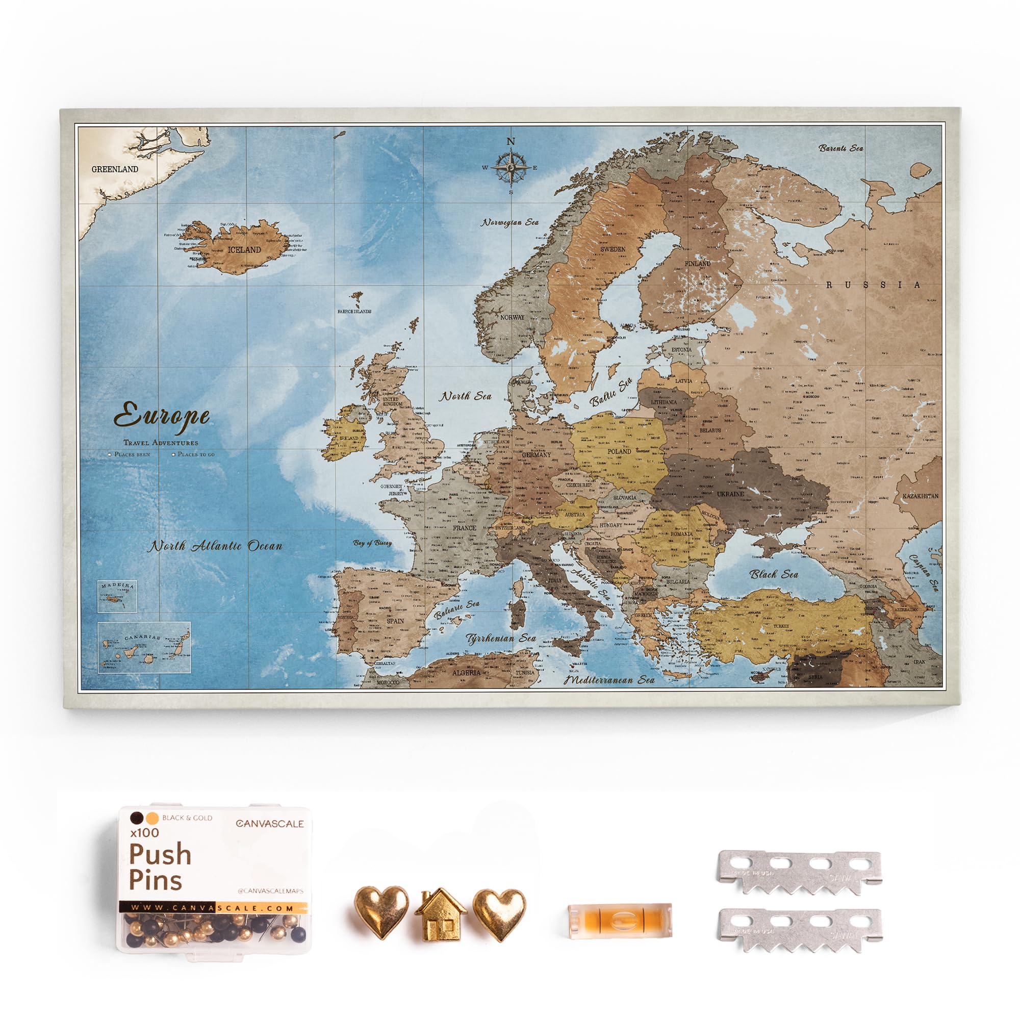 Canvas Europe Map with Cork Pin Board - Decorative Wall Decoration for All Rooms - Canvas Pictures with Europe Map Motif (120x80 cm, Pattern 15)