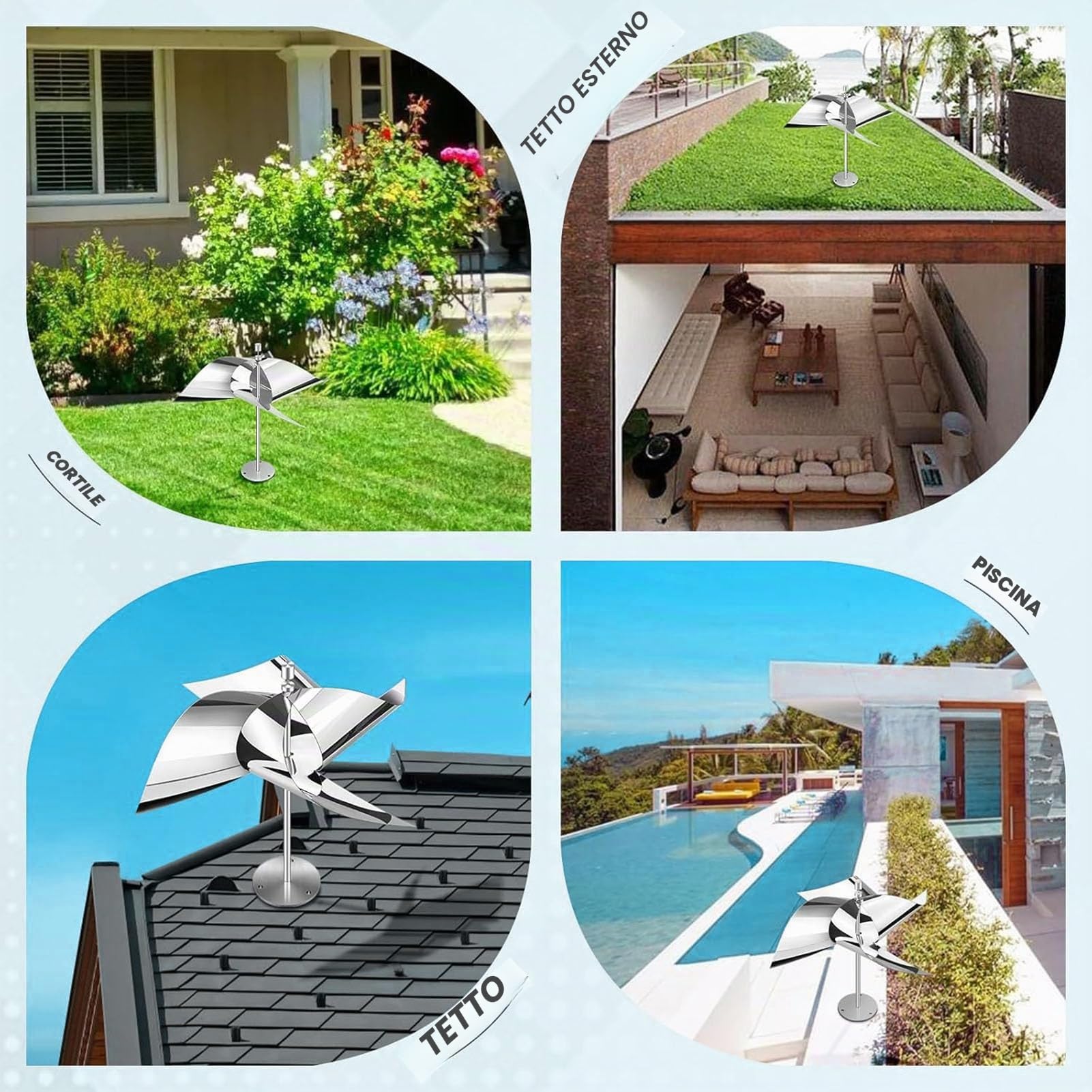 Dispositivo anti-spavento riflettente alimentato dal wind Deterrente multifunzionale per uccelli rotanti in acciaio inossidabile per cortili di giardini all'aperto